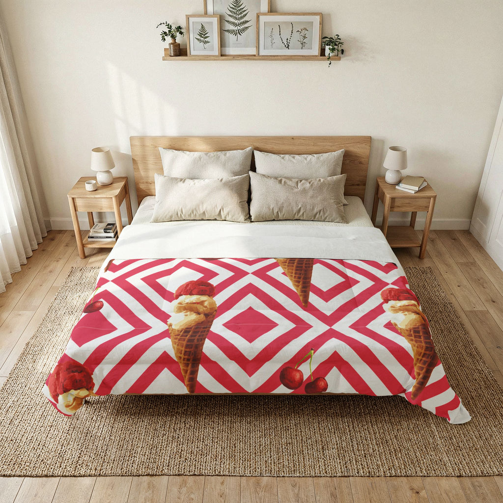 Ice Cream Cherry Duvet Cover — Pink Geometric Cotton Comforter