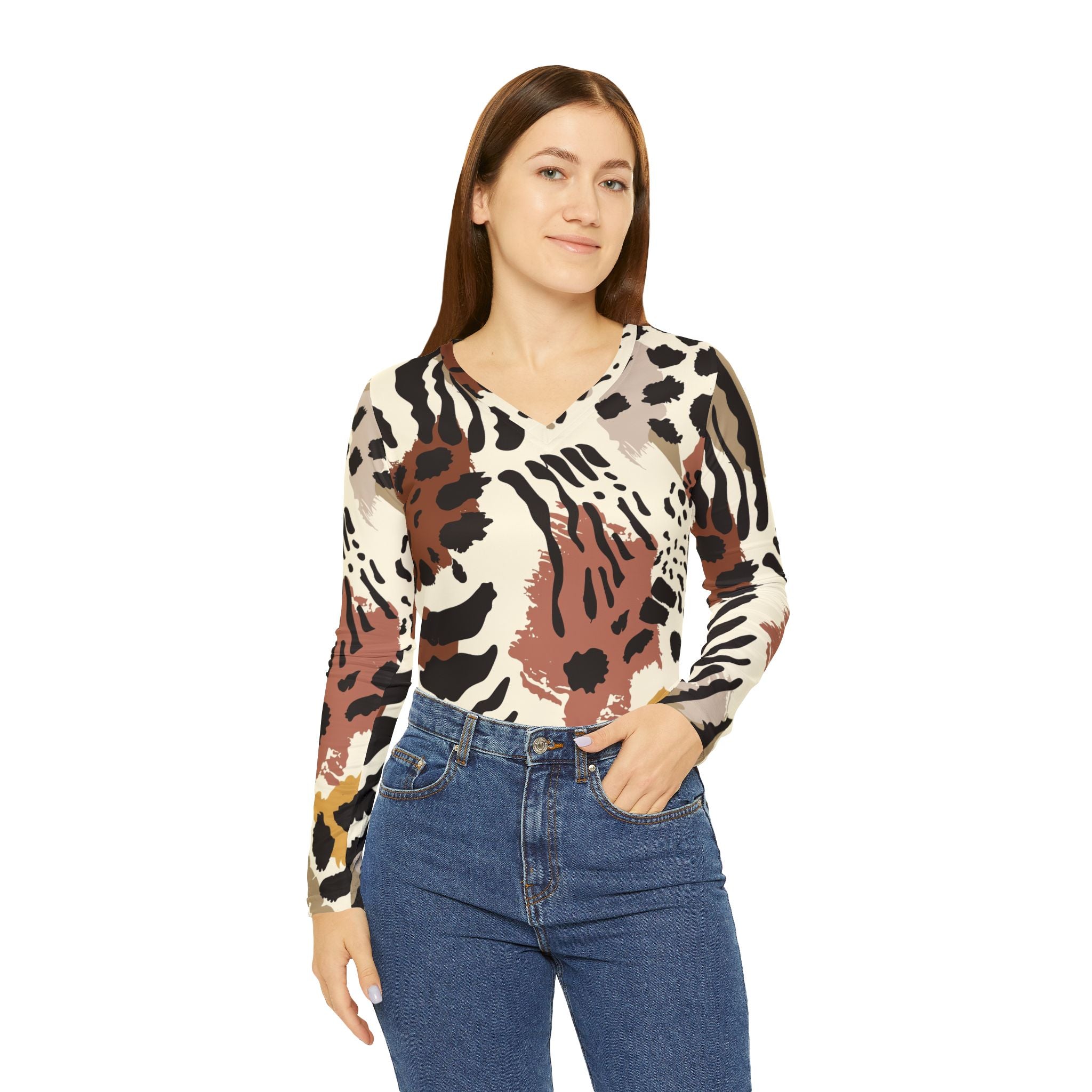 Women's V-Neck Long Sleeve Top — Neutral Abstract Animal Print