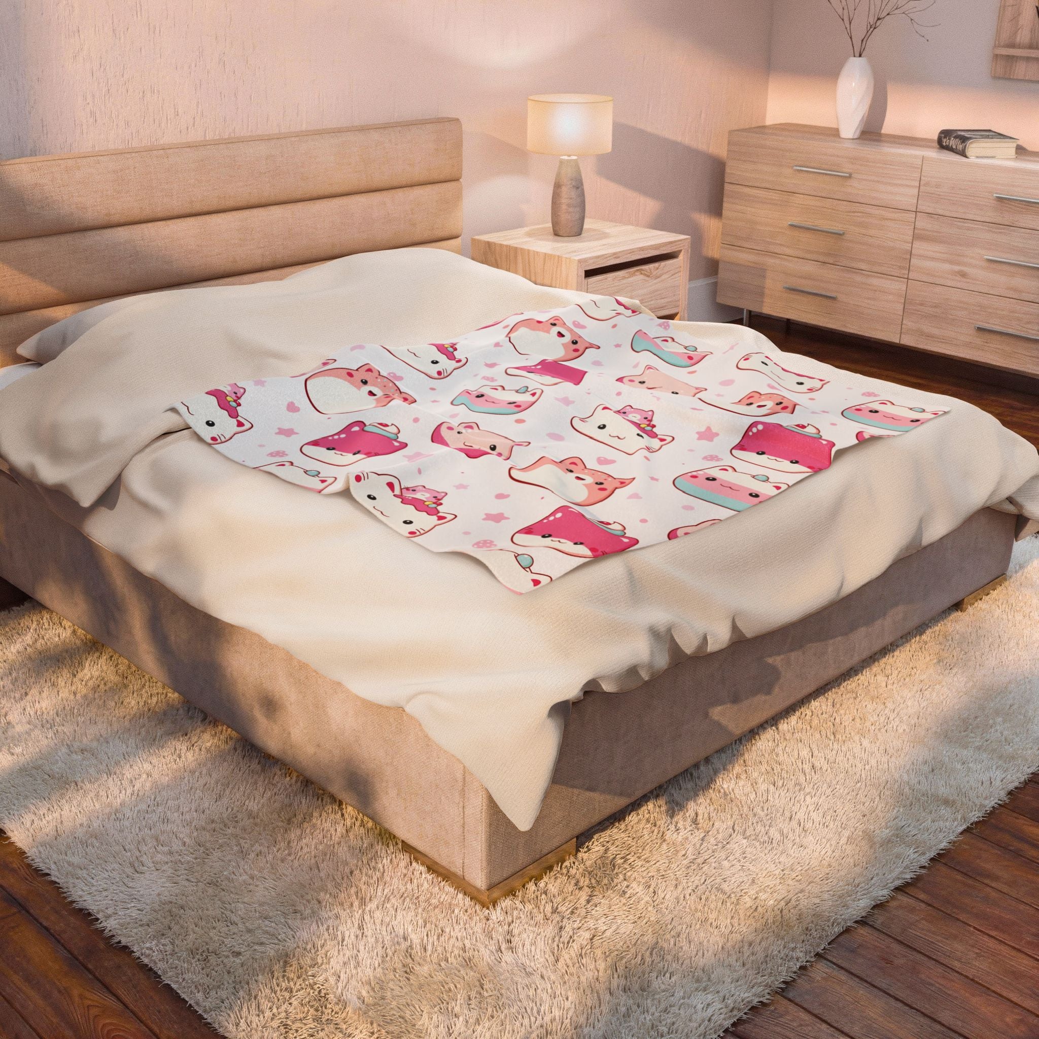 Kawaii Pink Cat Plush Blanket — Soft Velveteen