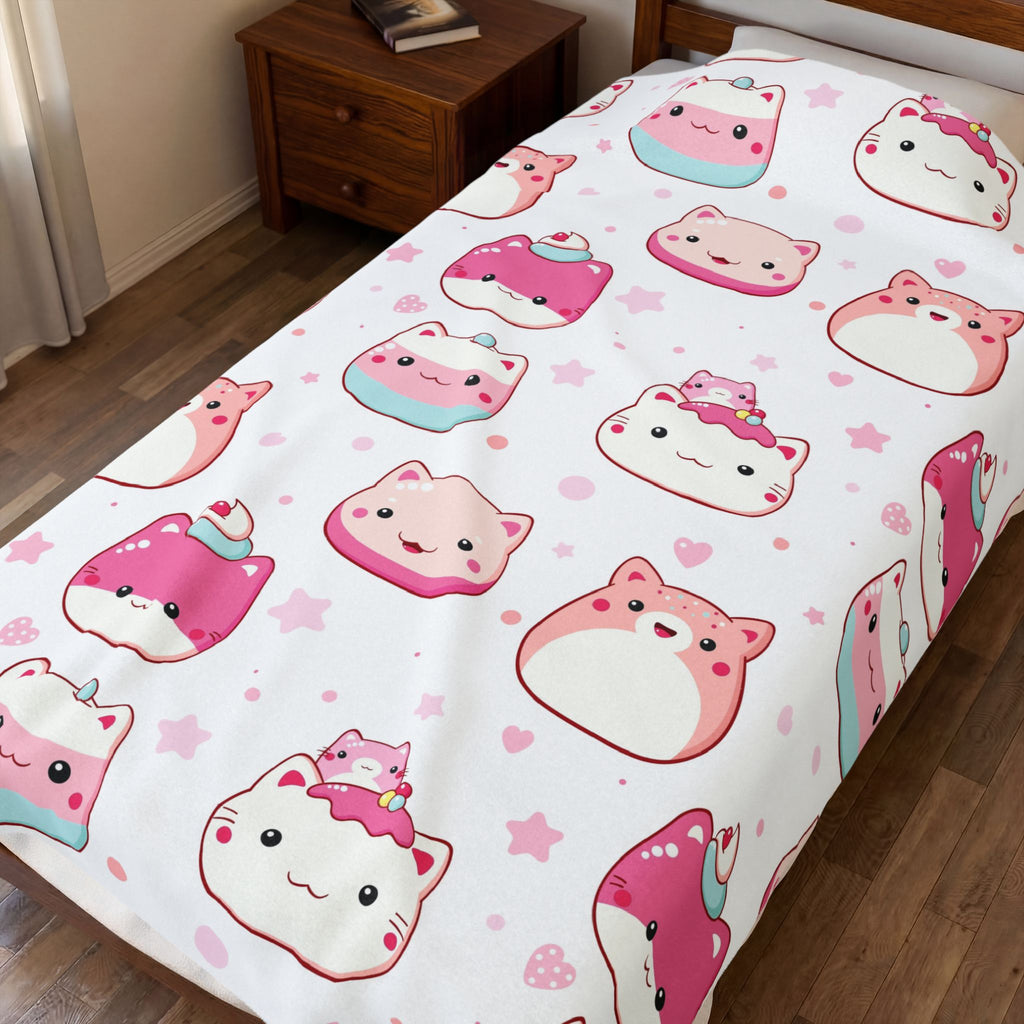Kawaii Pink Cat Plush Blanket — Soft Velveteen