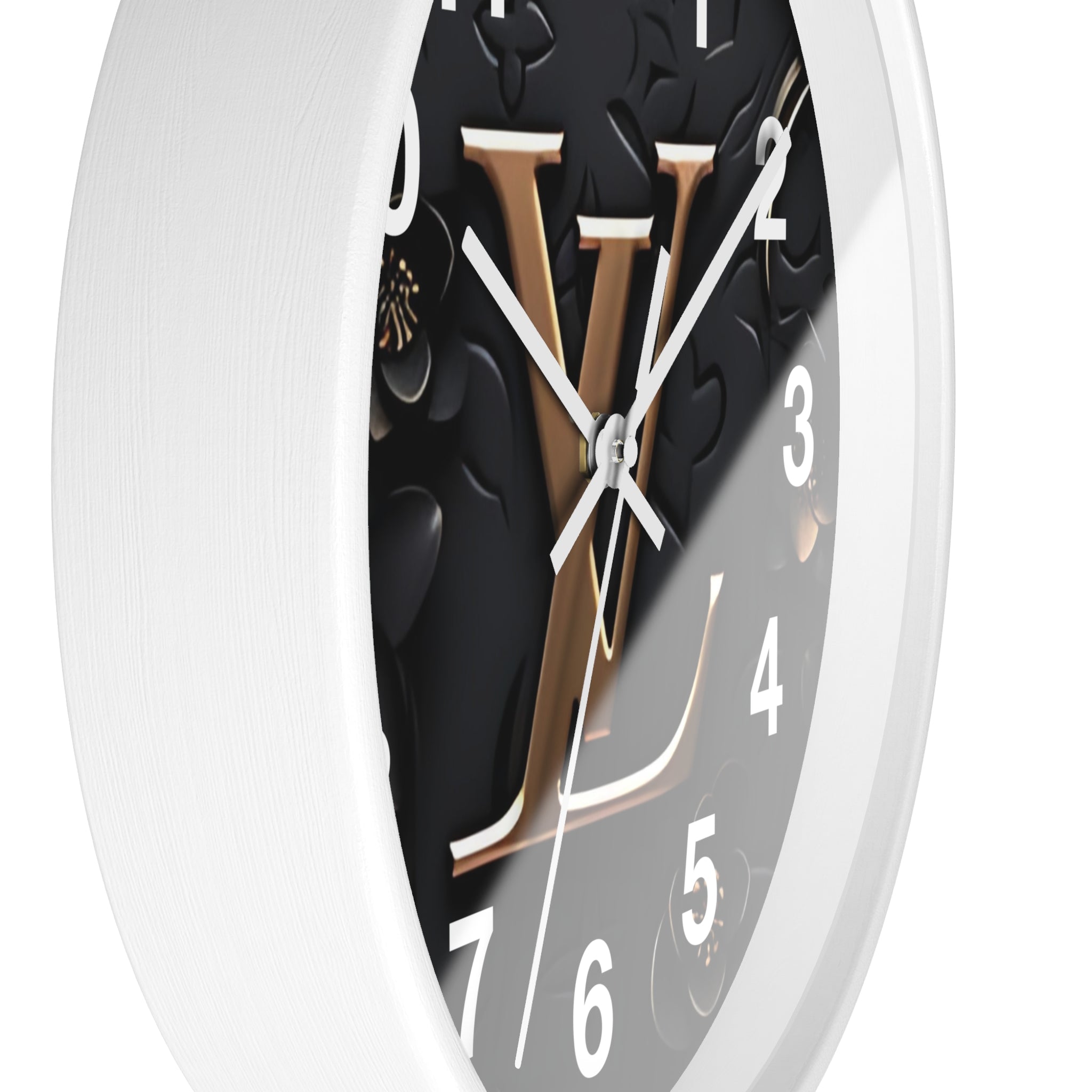 Luxury Monogram Wall Clock — Gold LV Emblem on Black Floral Background