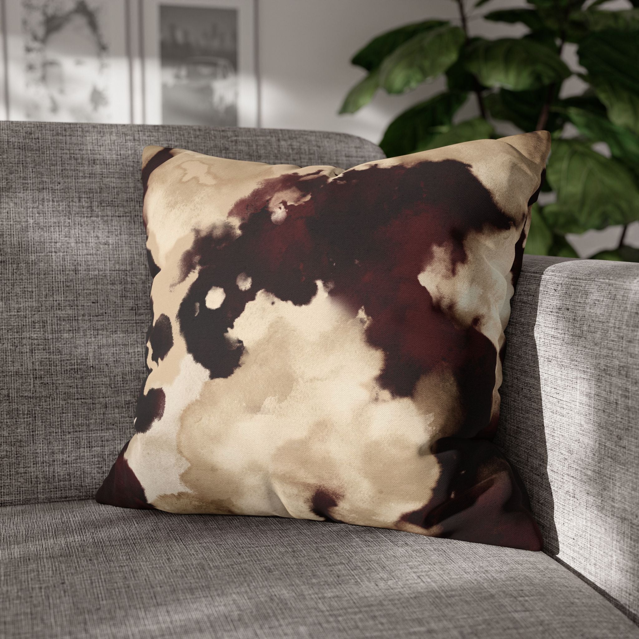 Abstract Marble Square Pillowcase – Brown & Beige Watercolor Throw Cover