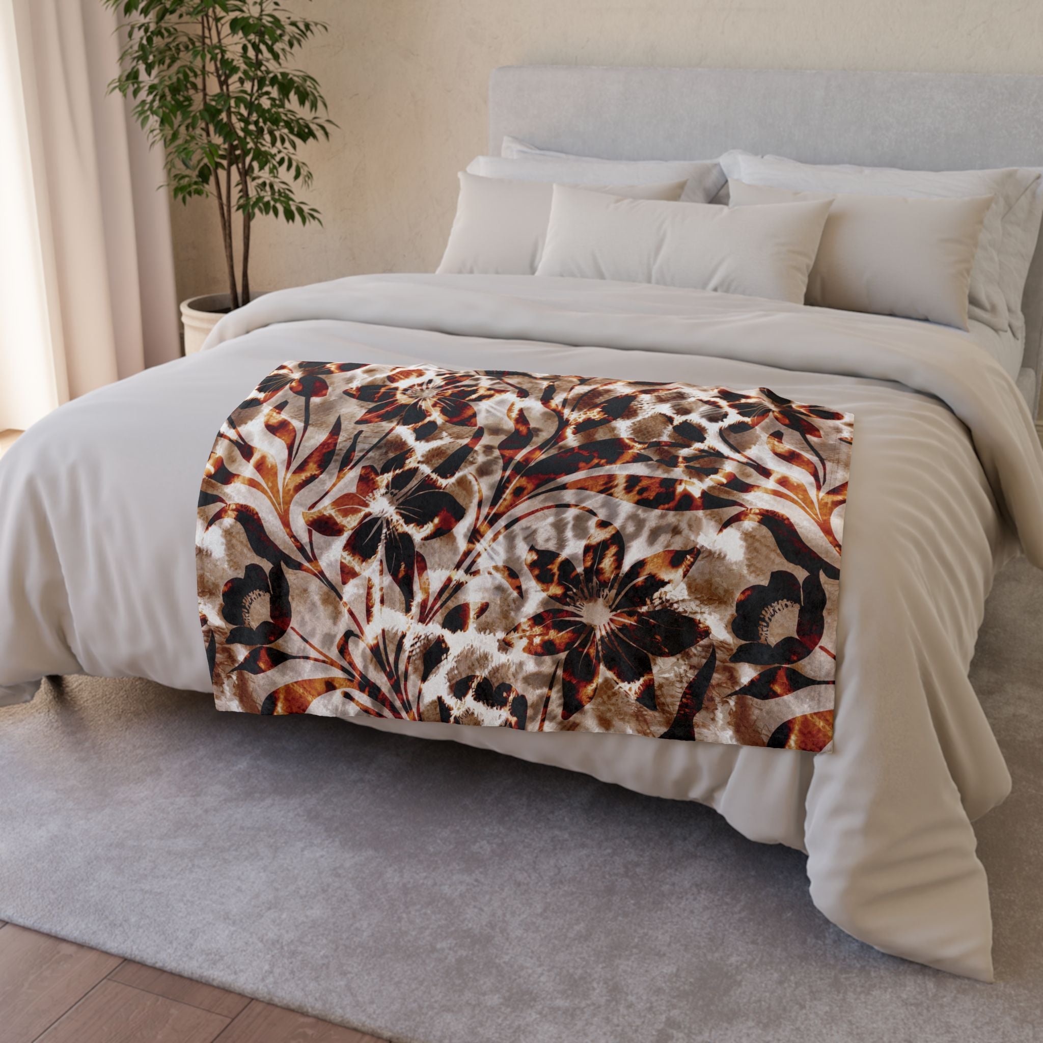 Leopard Floral Plush Blanket – Brown Animal Print Throw for Cozy Home