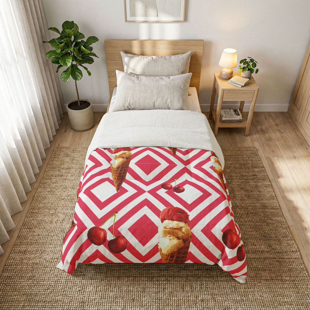 Ice Cream Cherry Duvet Cover — Pink Geometric Cotton Comforter