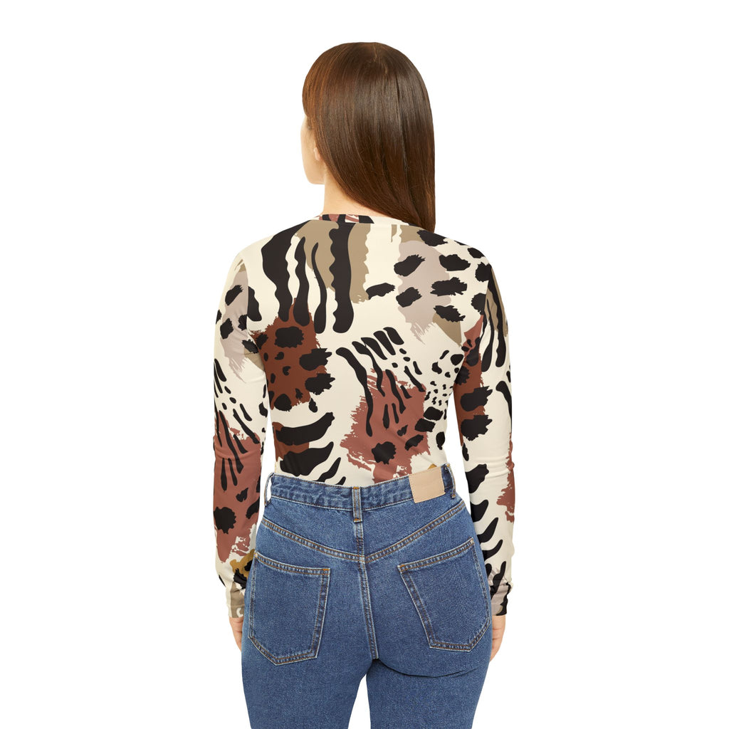 Women's V-Neck Long Sleeve Top — Neutral Abstract Animal Print
