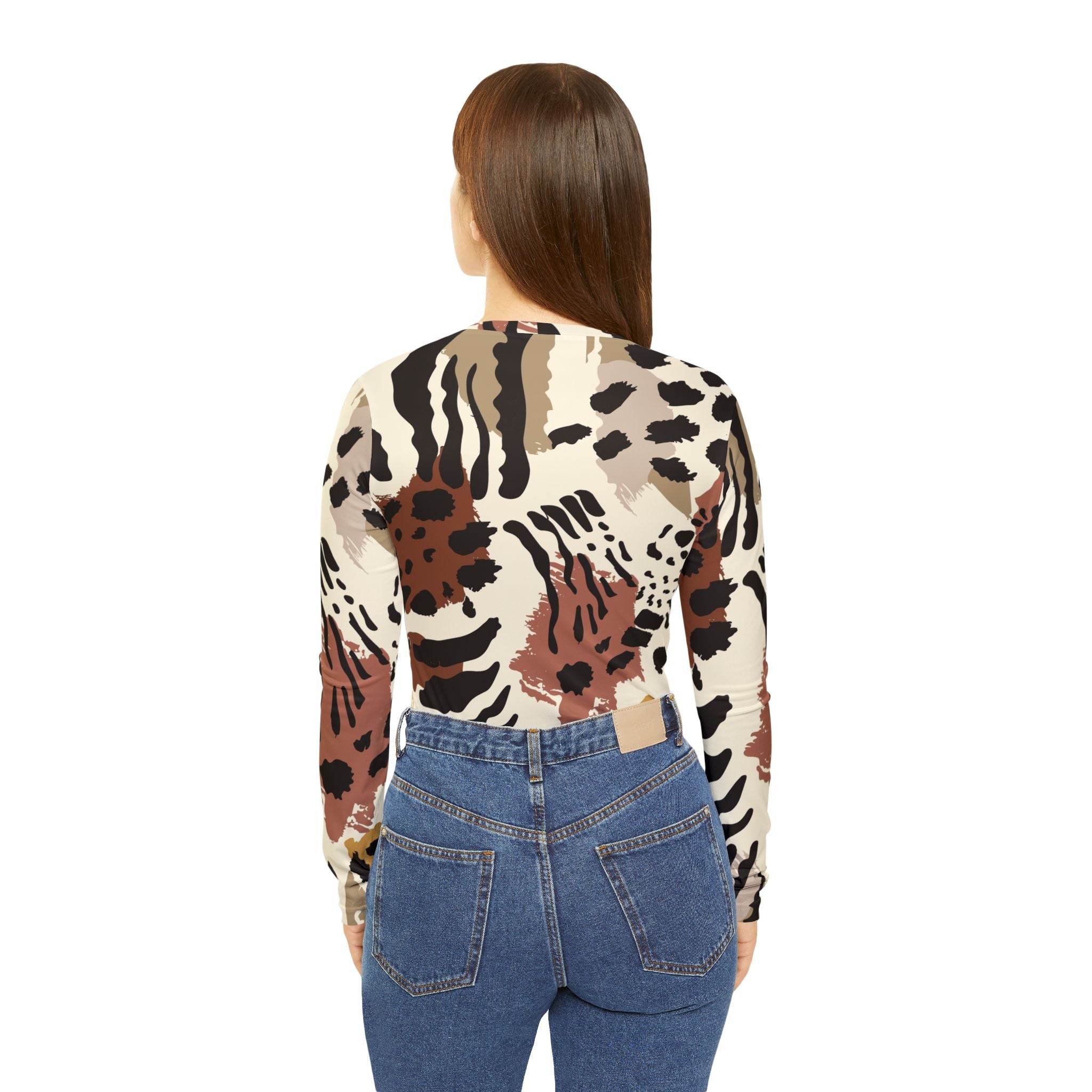 Women's V-Neck Long Sleeve Top — Neutral Abstract Animal Print
