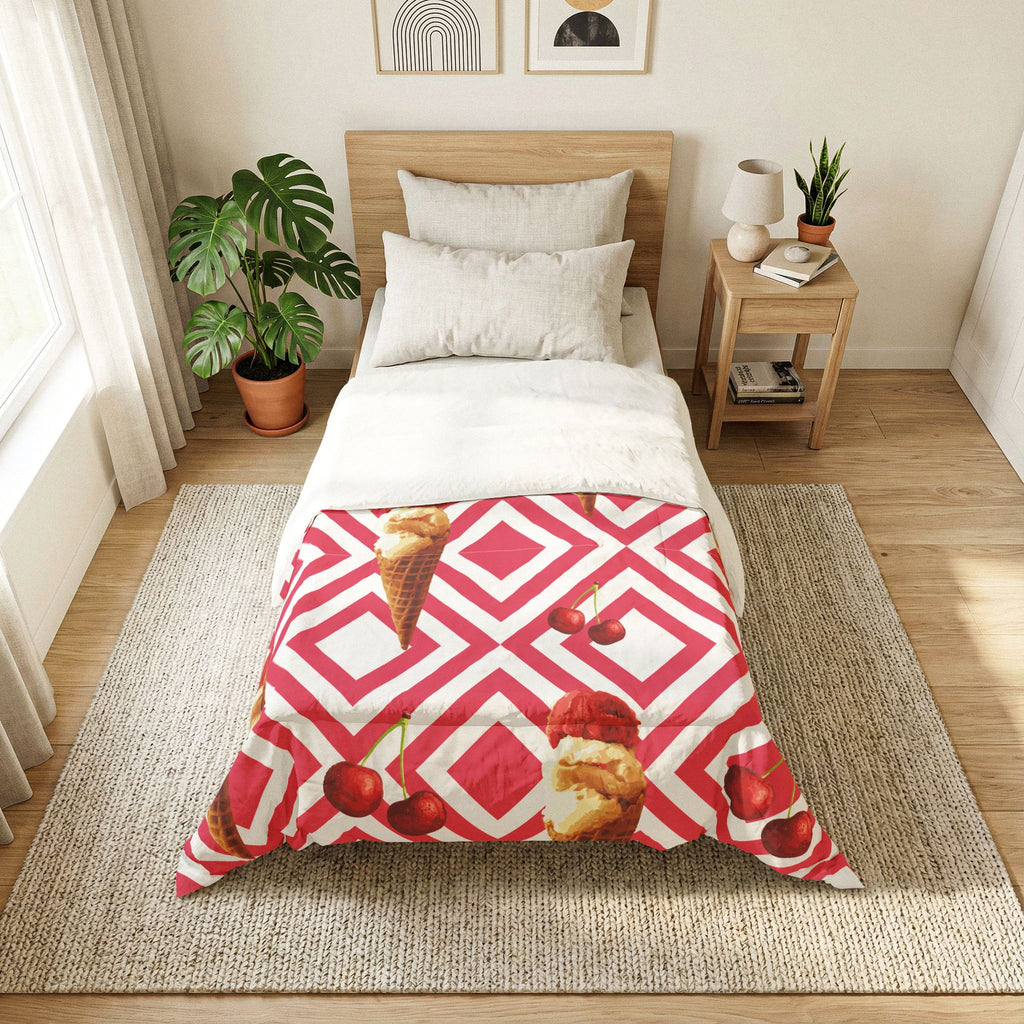 Ice Cream Cherry Duvet Cover — Pink Geometric Cotton Comforter