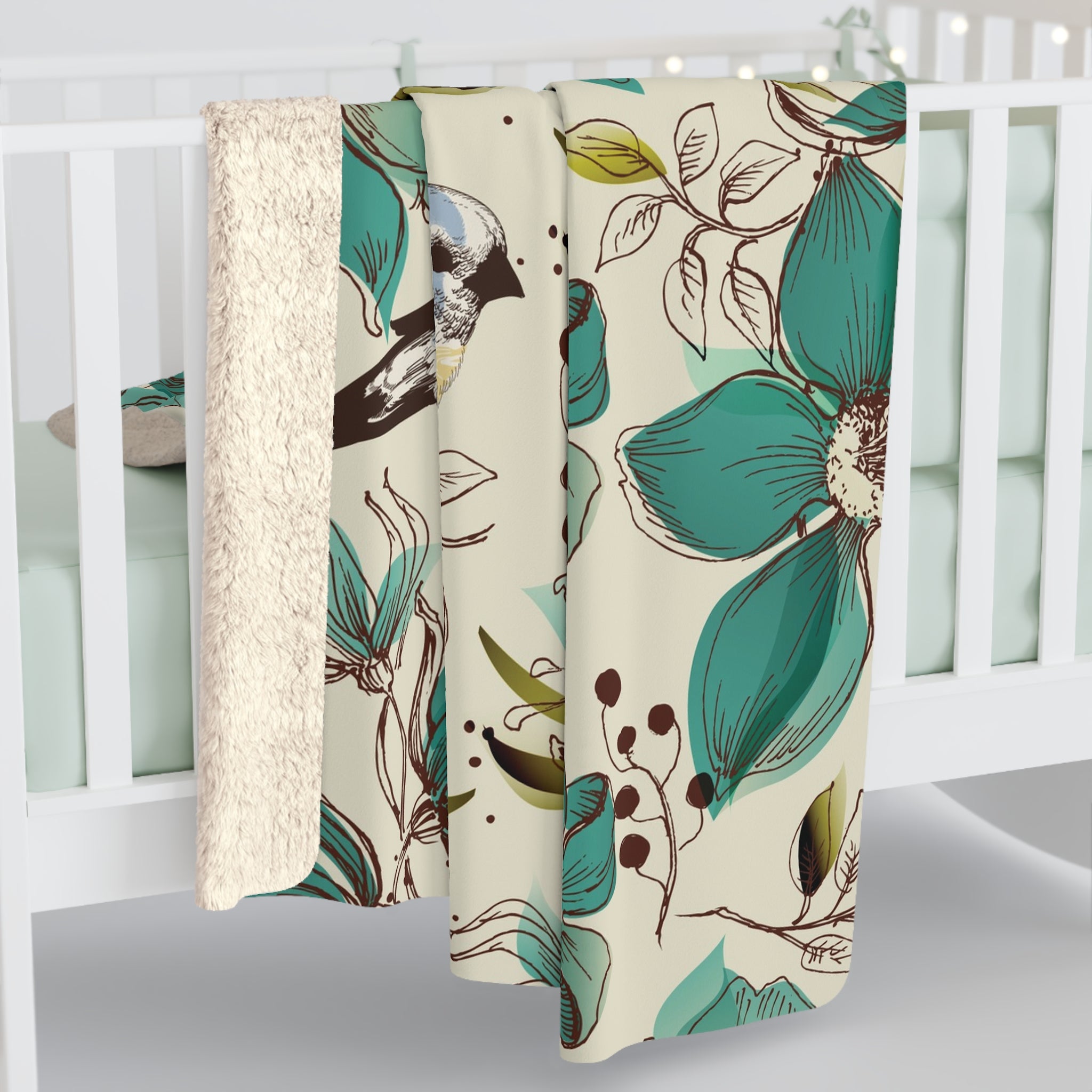 Teal Floral & Bird Sherpa Throw Blanket.