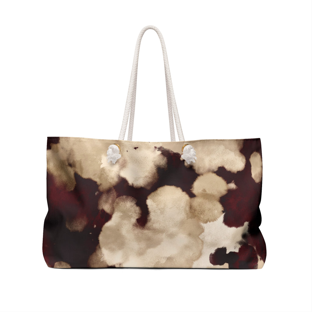 Abstract Coffee Stain Weekender Bag — Maroon & Cream Travel Tote
