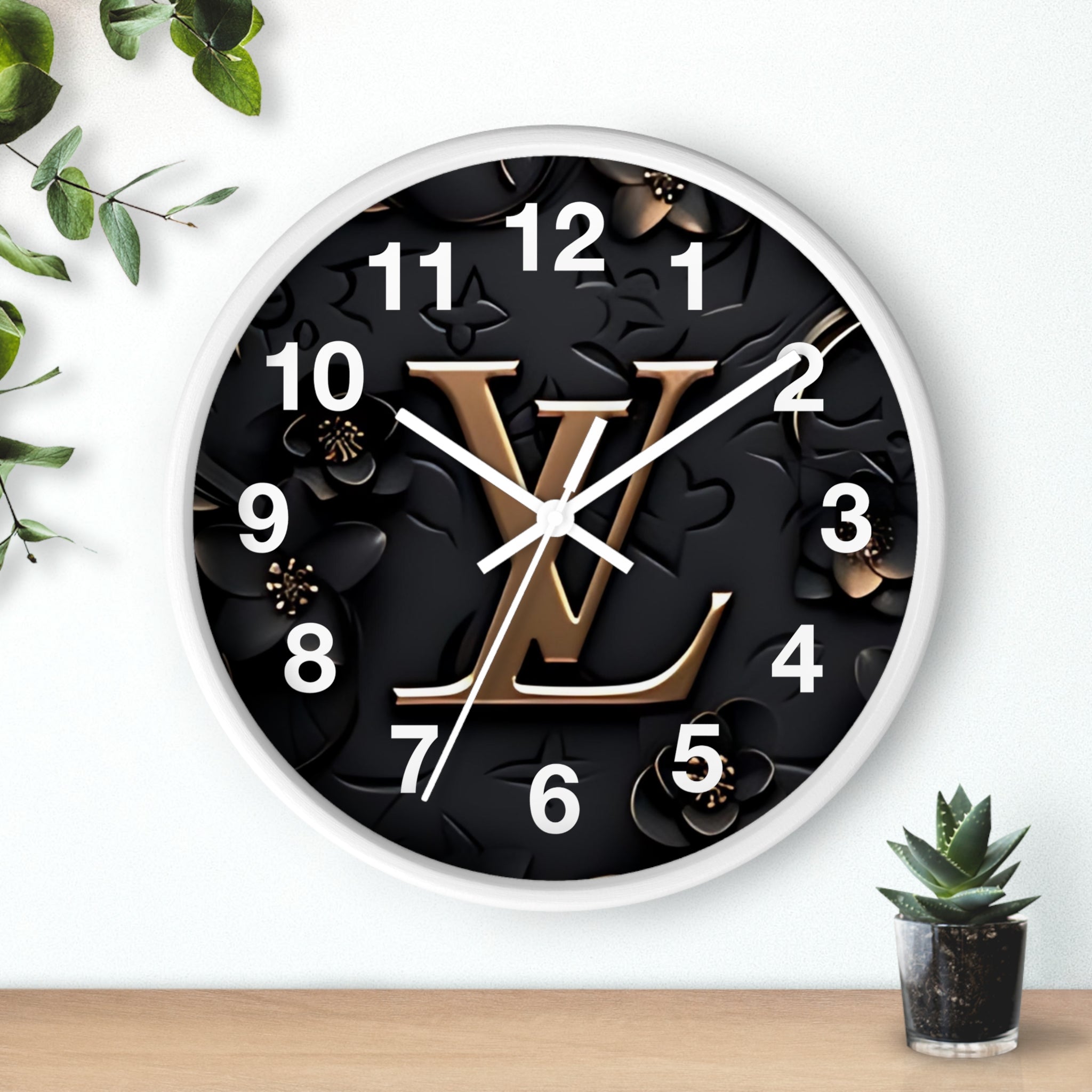 Luxury Monogram Wall Clock — Gold LV Emblem on Black Floral Background