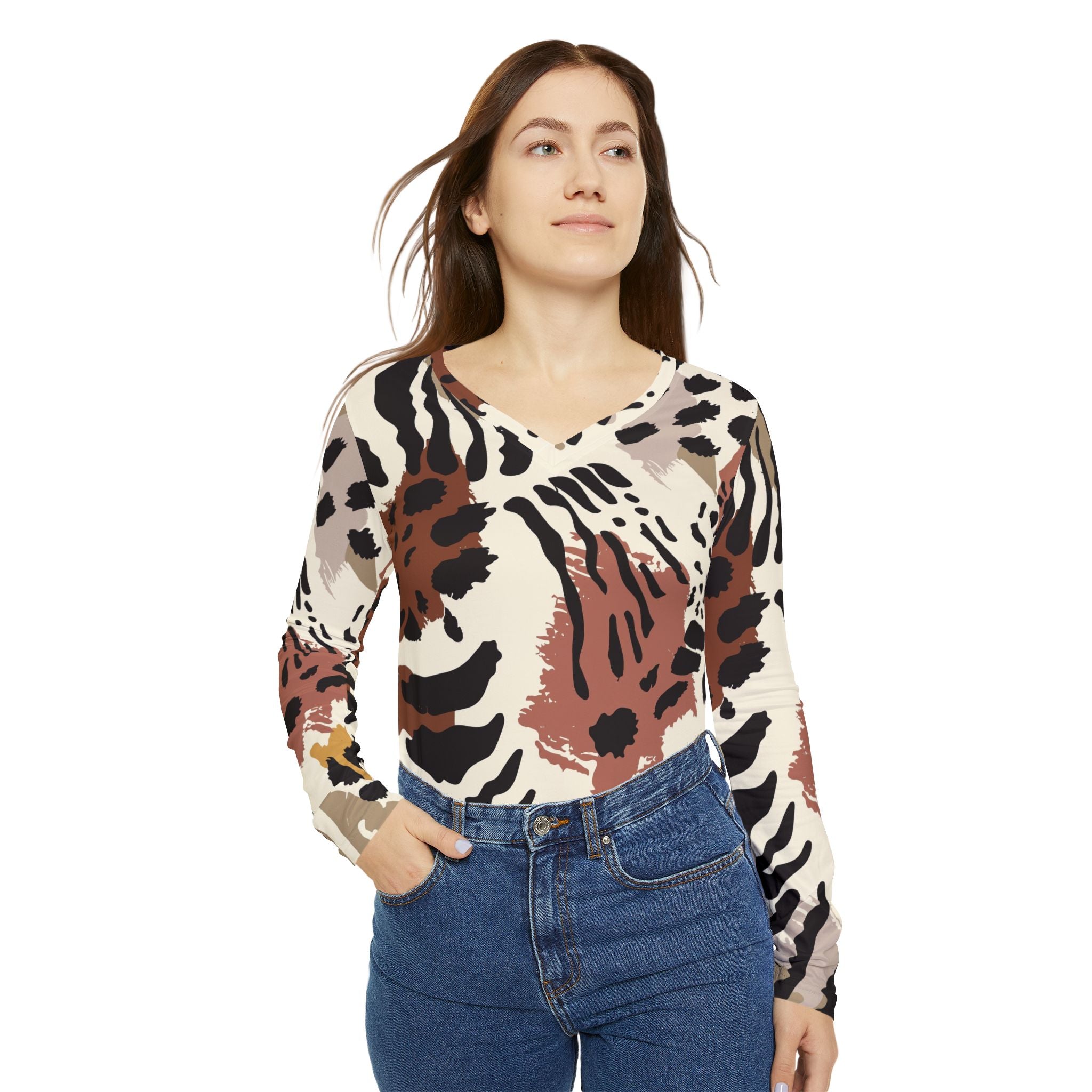 Women's V-Neck Long Sleeve Top — Neutral Abstract Animal Print