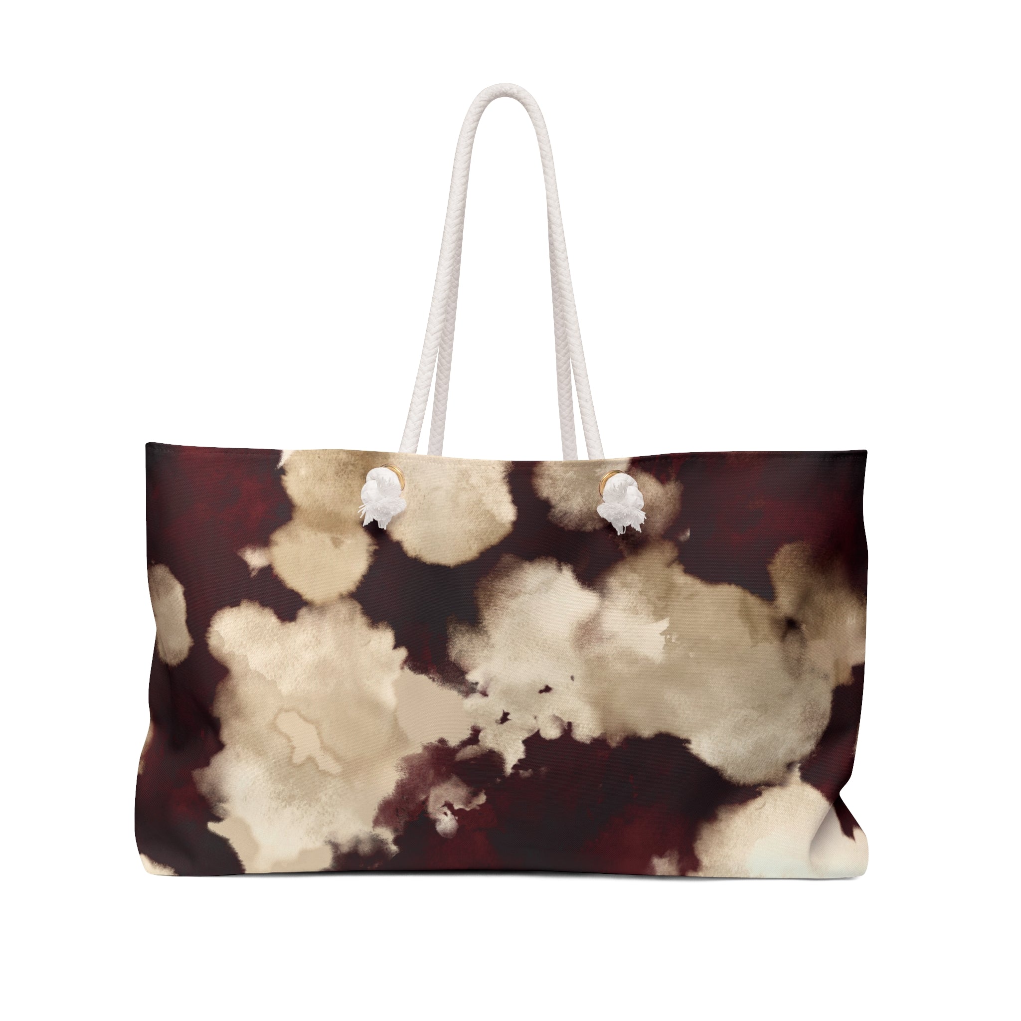 Abstract Coffee Stain Weekender Bag — Maroon & Cream Travel Tote