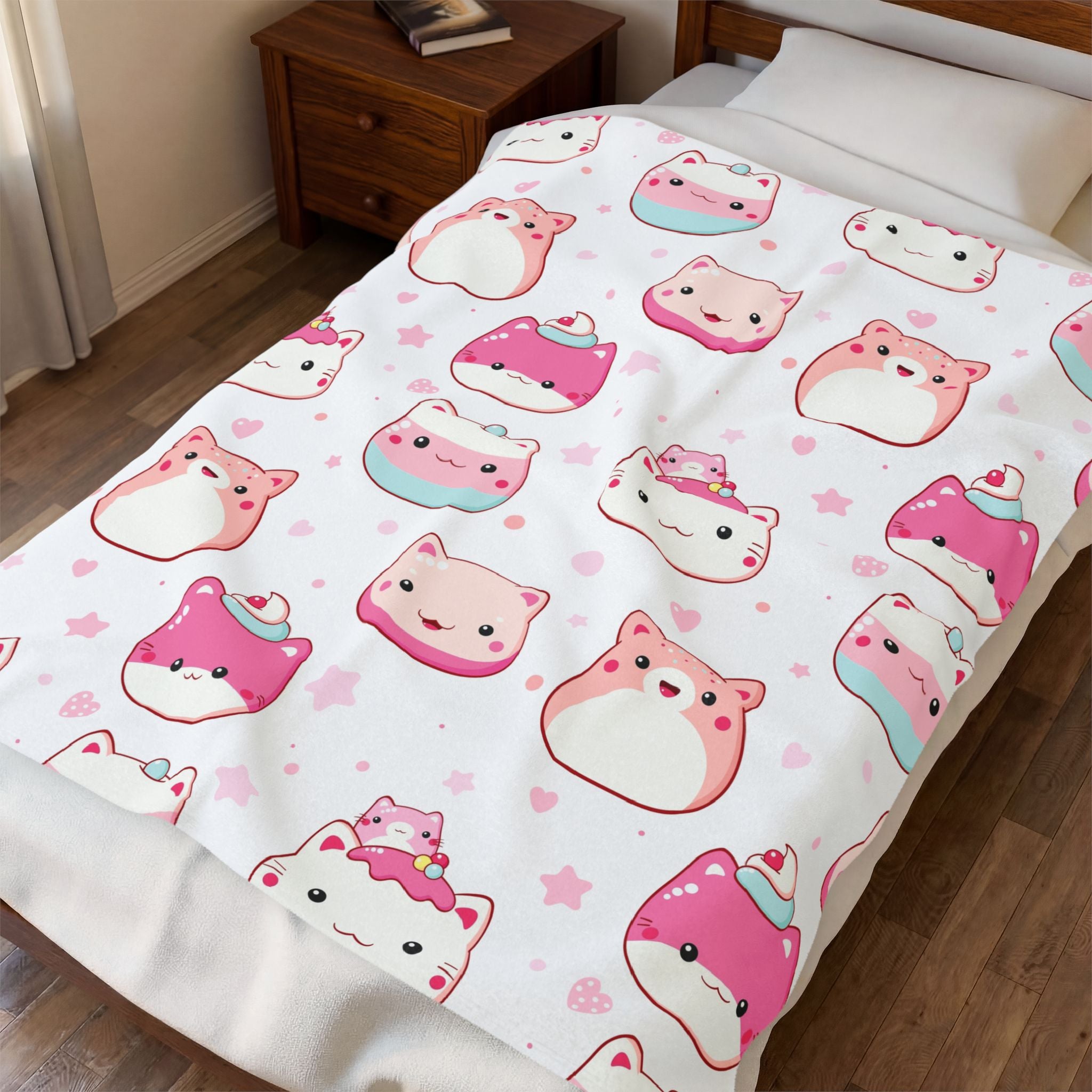 Kawaii Pink Cat Plush Blanket — Soft Velveteen