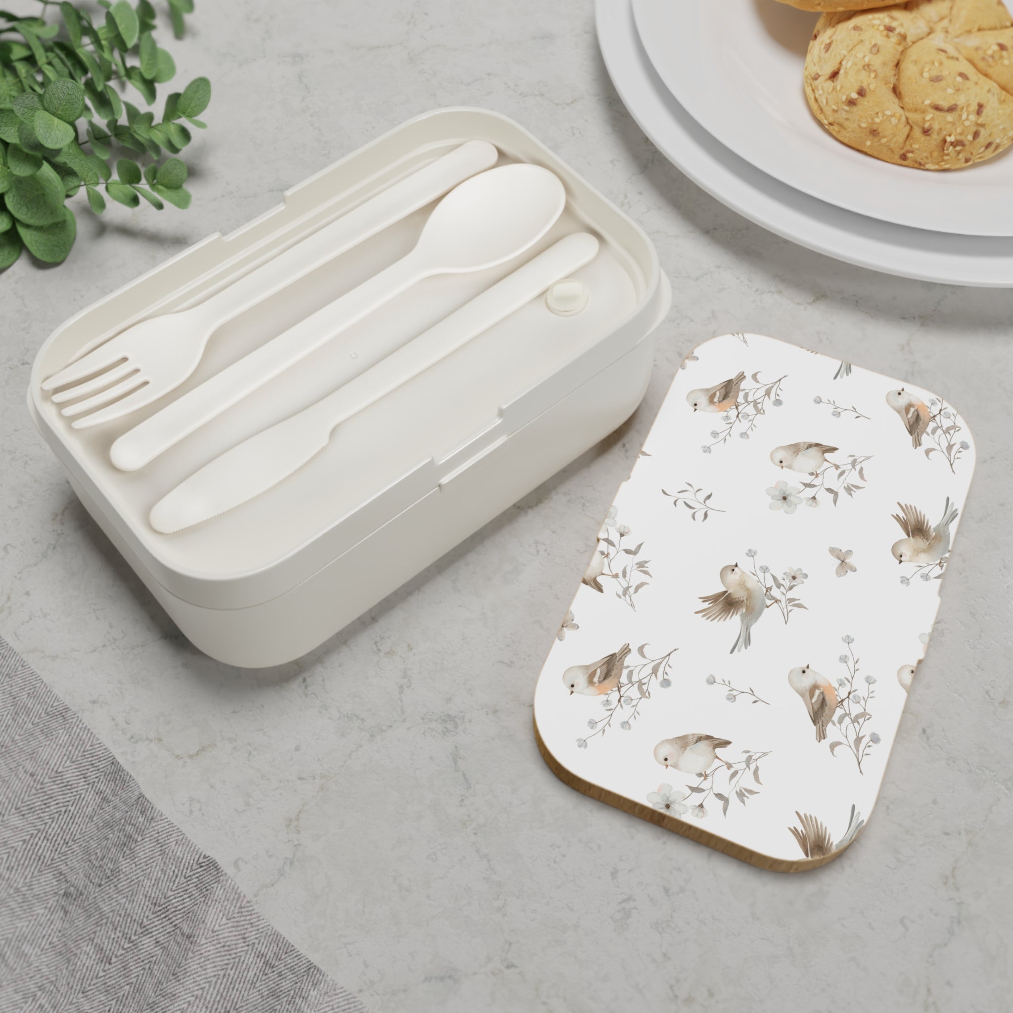 Bento Lunch Box — Soft Watercolor Birds Floral Pattern