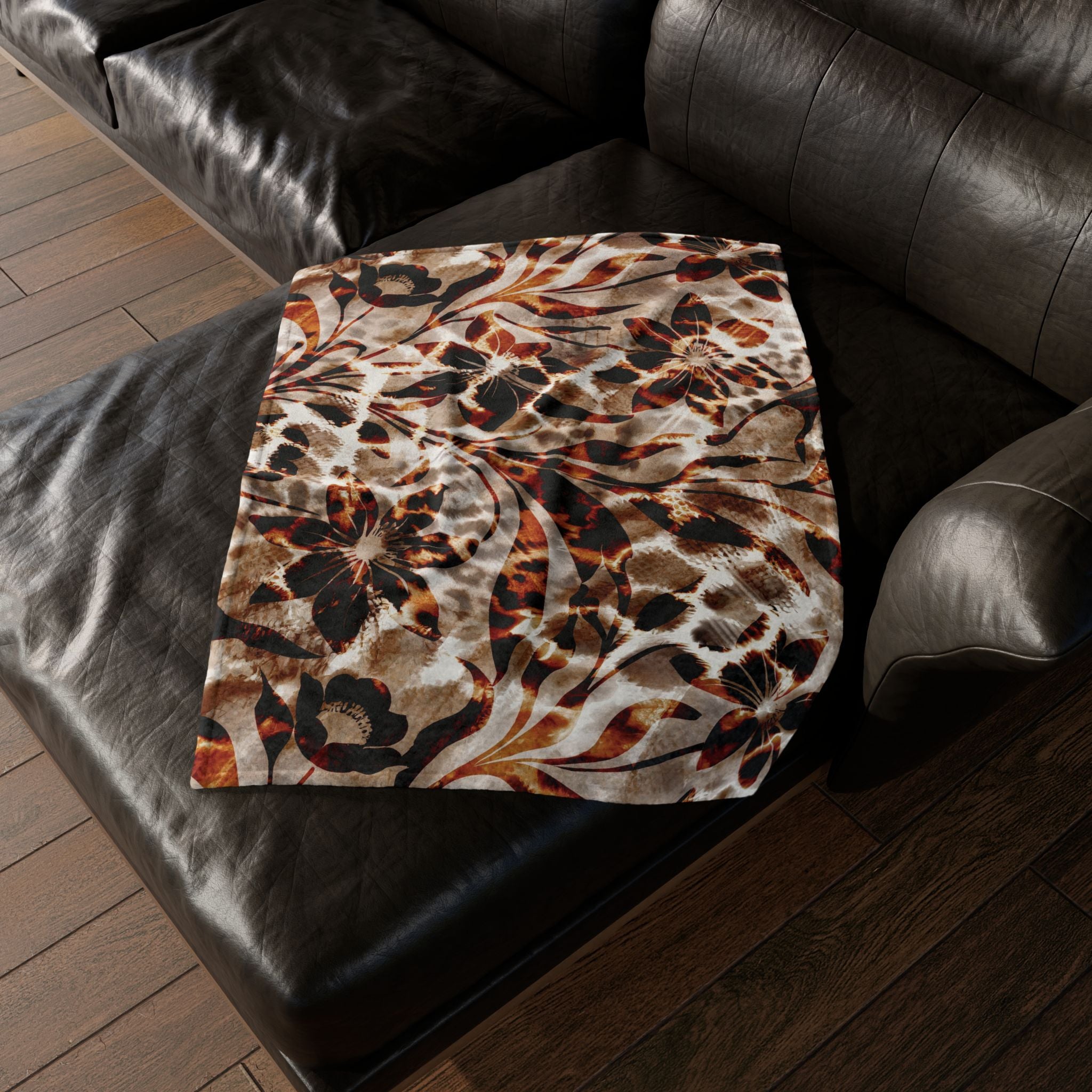 Leopard Floral Plush Blanket – Brown Animal Print Throw for Cozy Home