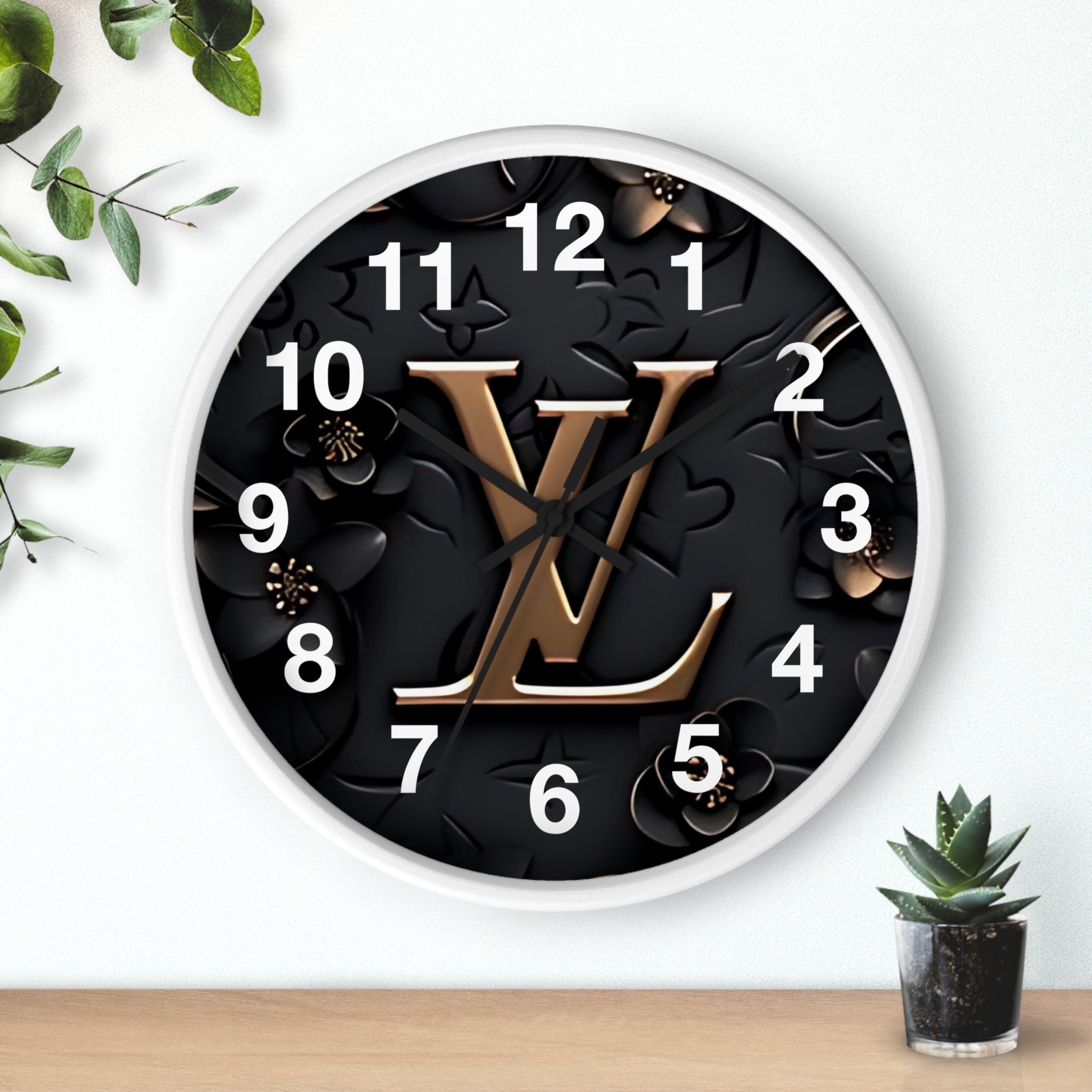 Luxury Monogram Wall Clock — Gold LV Emblem on Black Floral Background