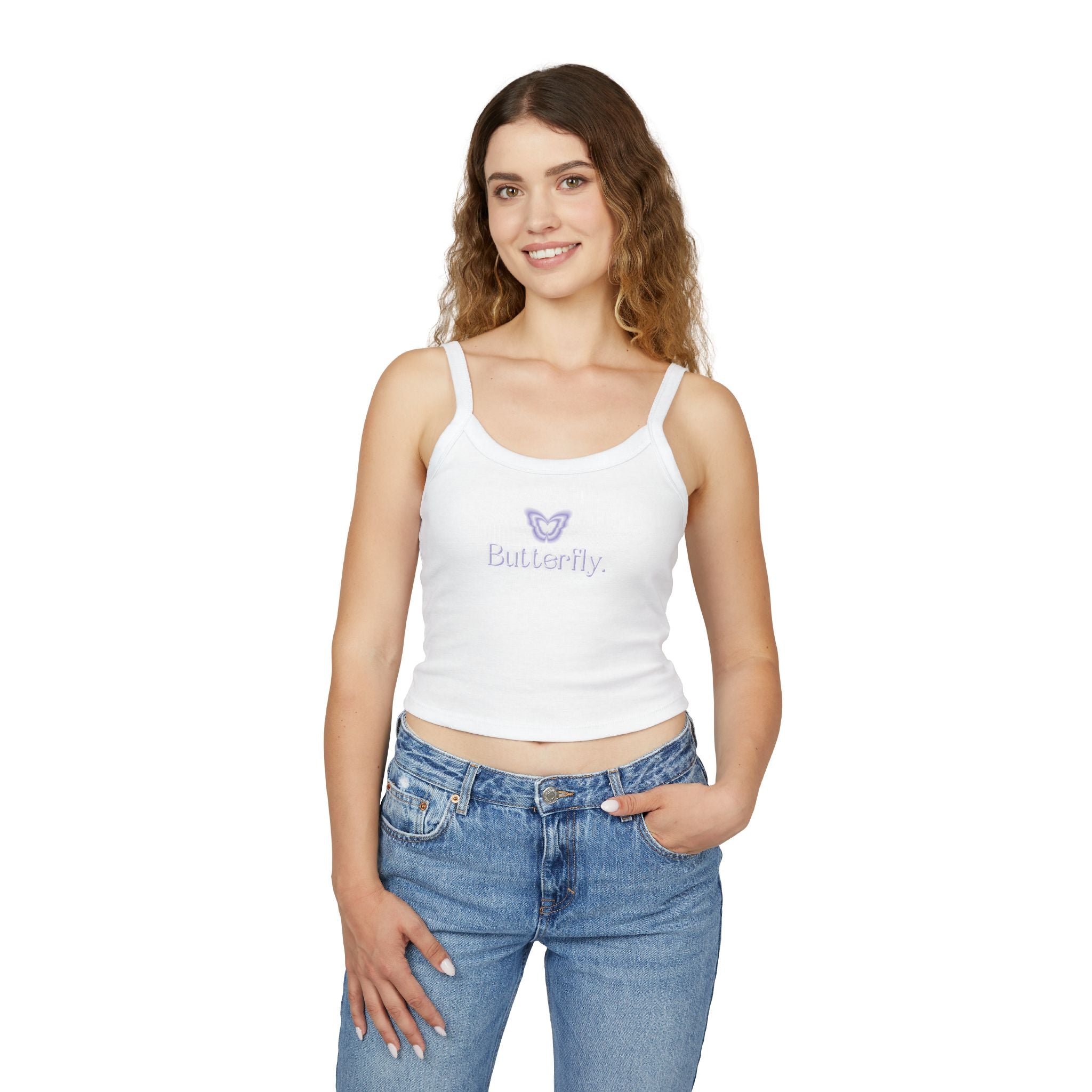 Butterfly Embroidered Spaghetti Strap Tank Top, Cute Summer Top.