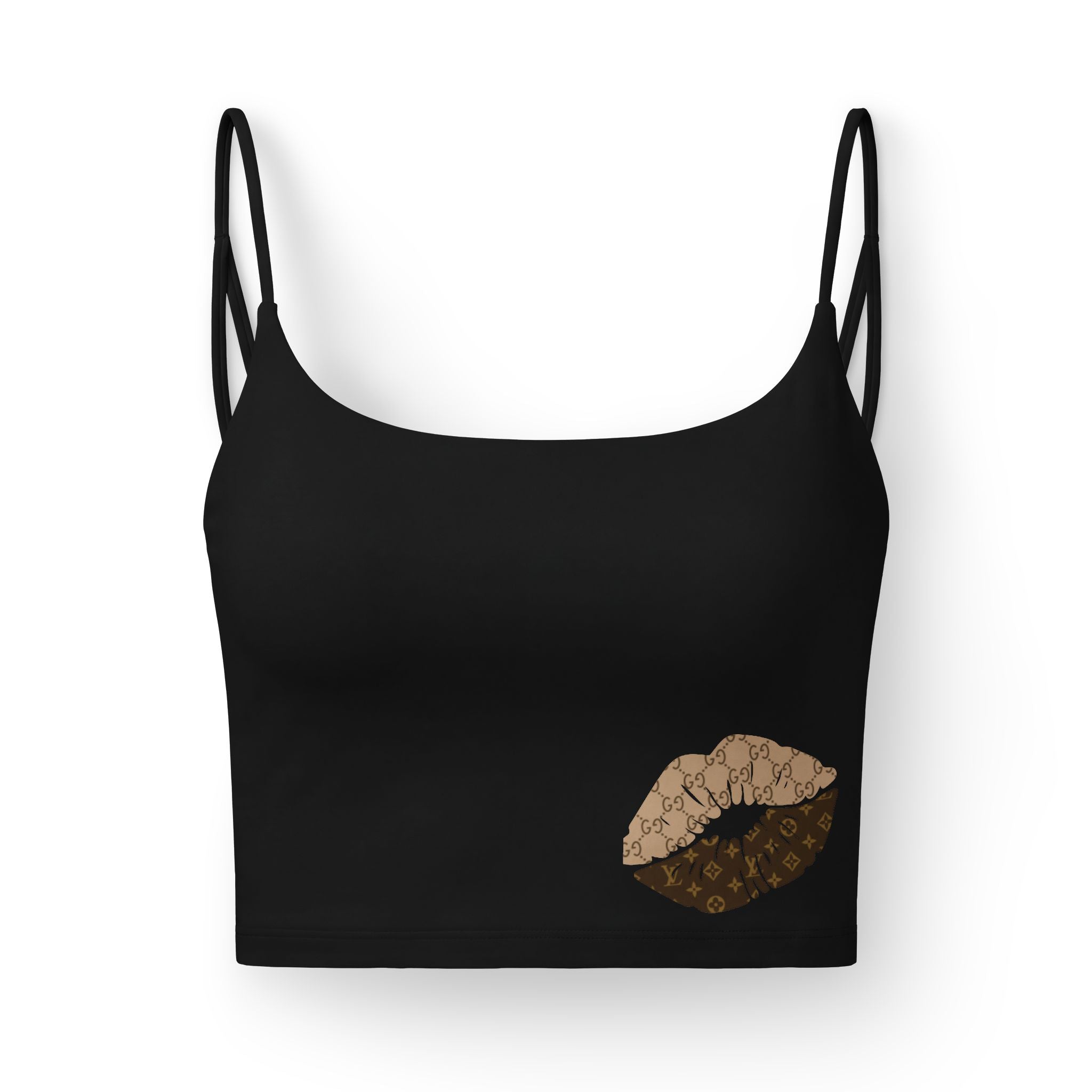 Luxe Kiss Crop Bra — Black Strappy Bralette with Designer Monogram Lip Accent