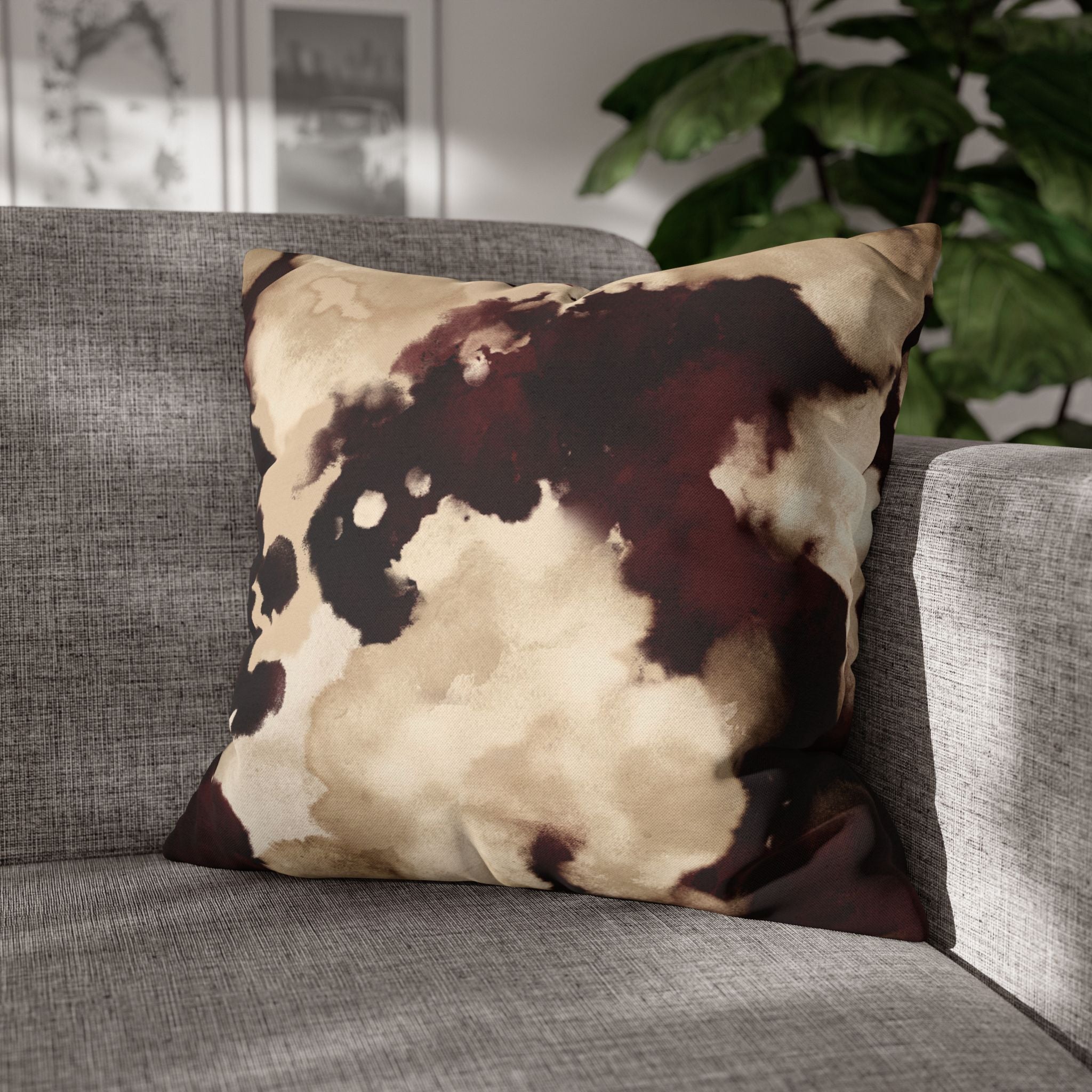 Abstract Marble Square Pillowcase – Brown & Beige Watercolor Throw Cover