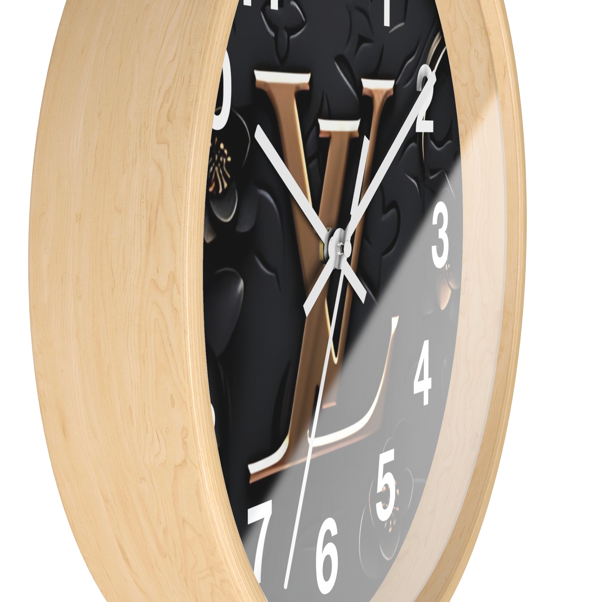 Luxury Monogram Wall Clock — Gold LV Emblem on Black Floral Background