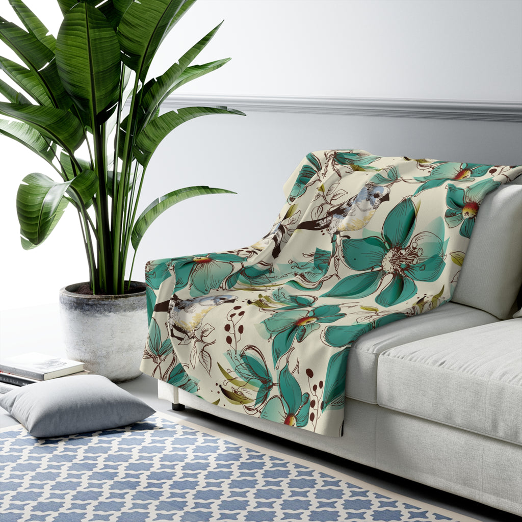 Teal Floral & Bird Sherpa Throw Blanket.