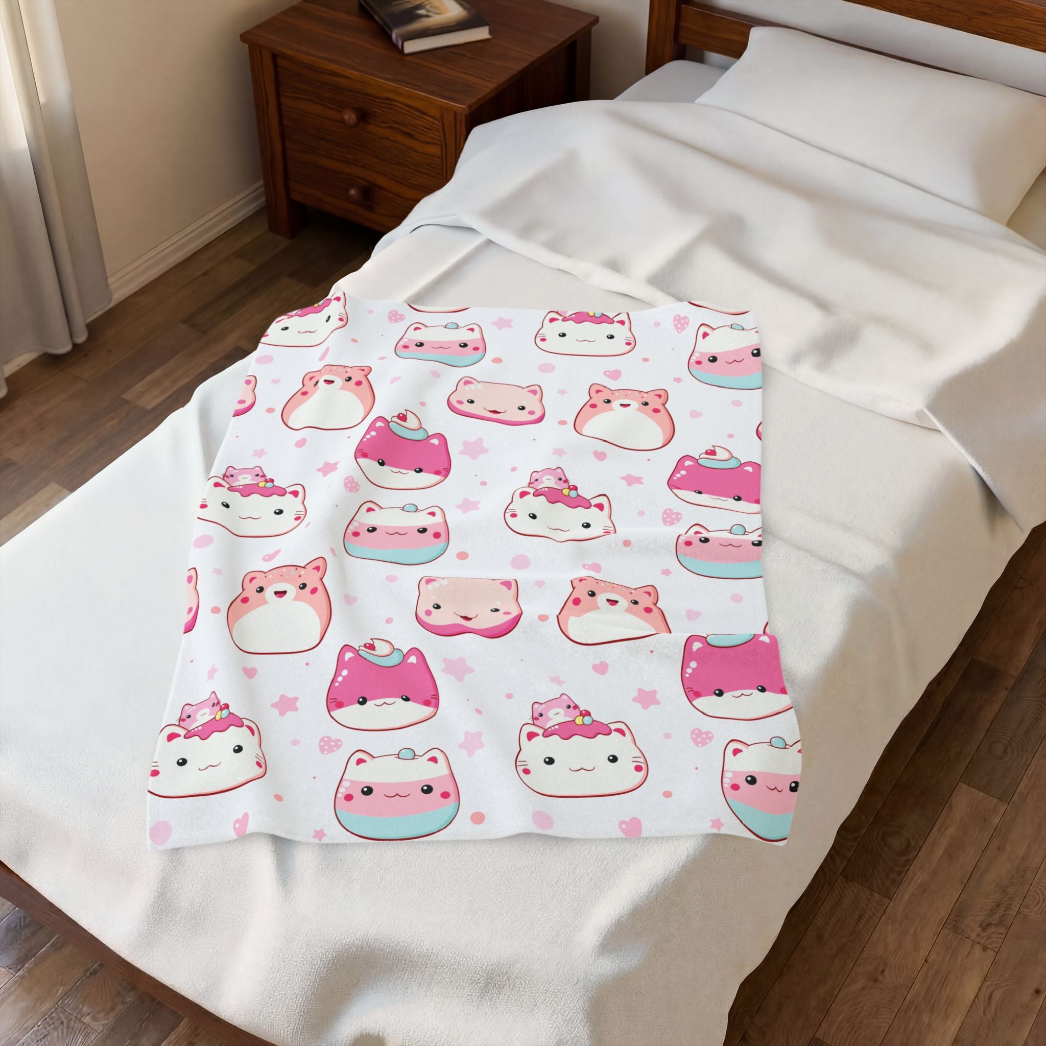 Kawaii Pink Cat Plush Blanket — Soft Velveteen