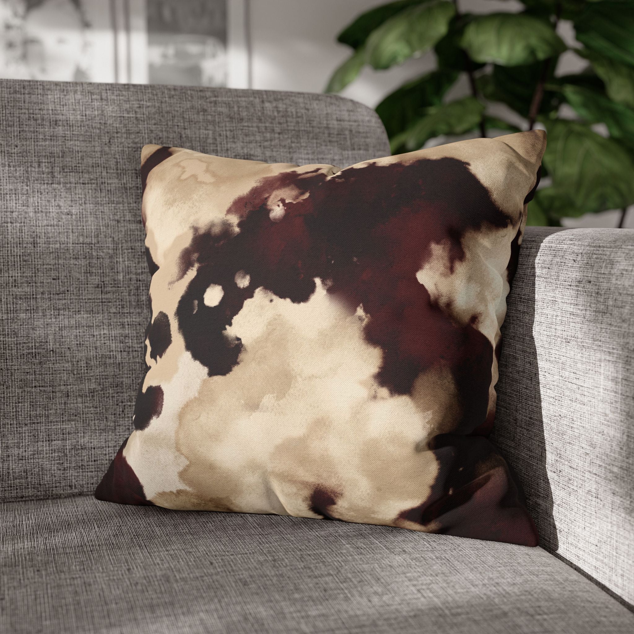 Abstract Marble Square Pillowcase – Brown & Beige Watercolor Throw Cover