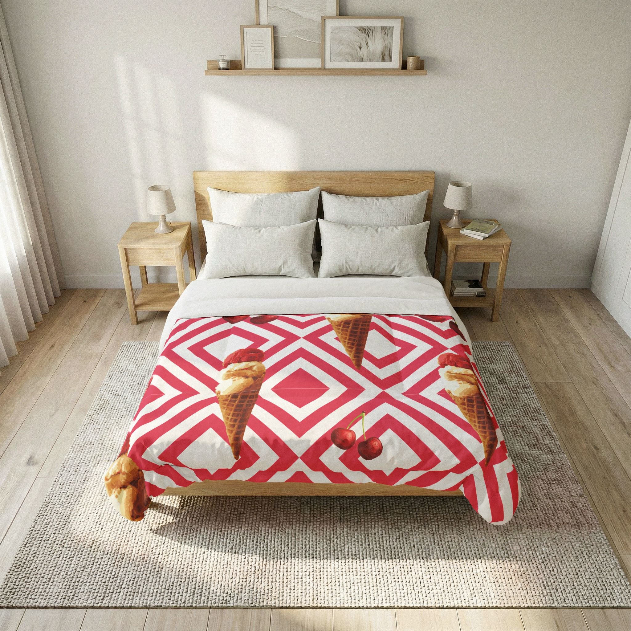 Ice Cream Cherry Duvet Cover — Pink Geometric Cotton Comforter