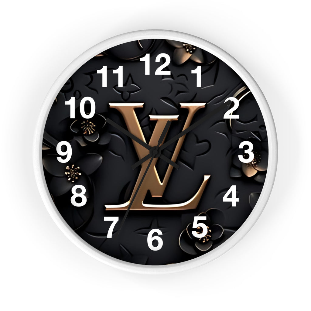 Luxury Monogram Wall Clock — Gold LV Emblem on Black Floral Background
