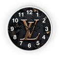 Luxury Monogram Wall Clock — Gold LV Emblem on Black Floral Background