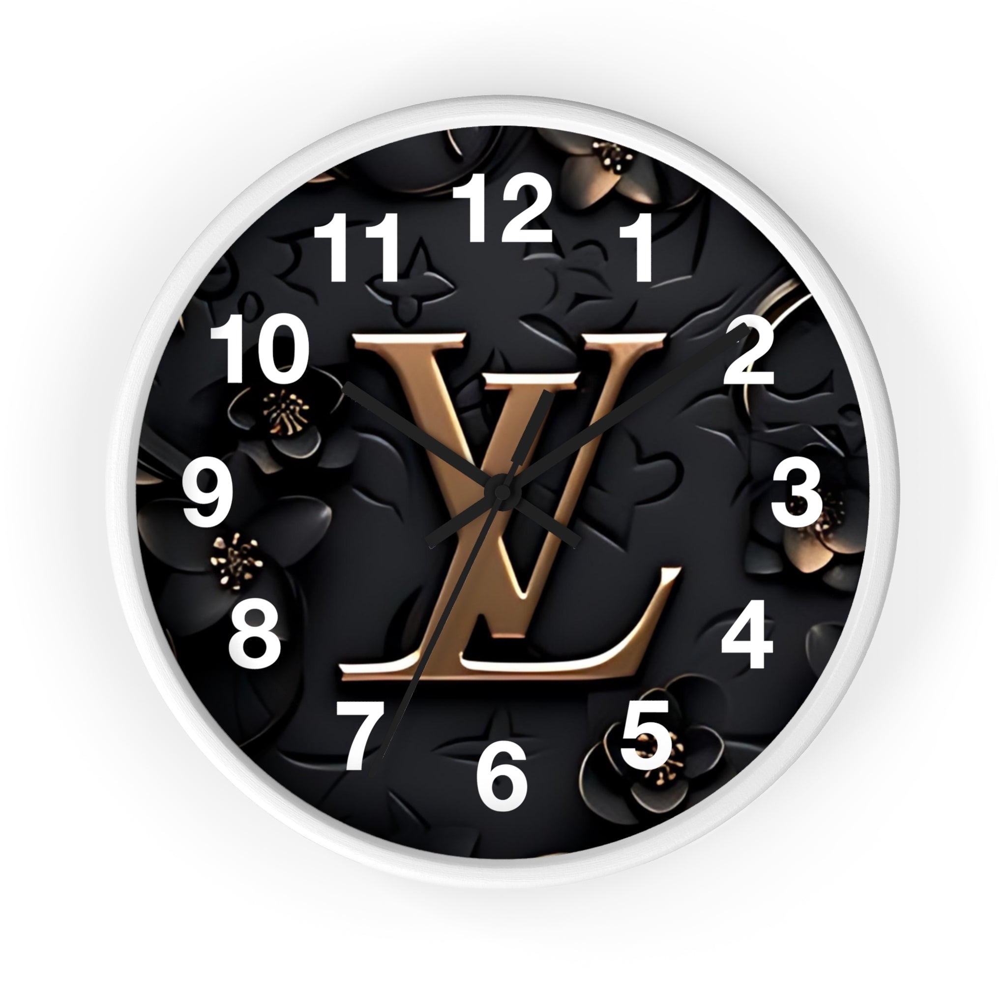 Luxury Monogram Wall Clock — Gold LV Emblem on Black Floral Background