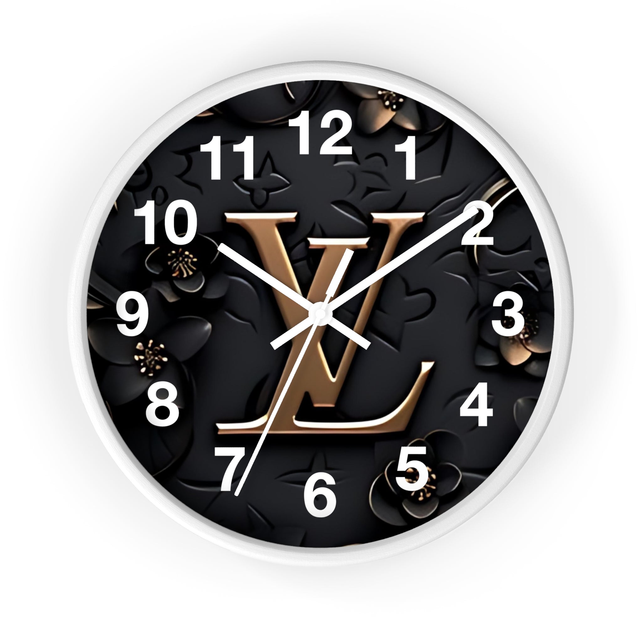 Luxury Monogram Wall Clock — Gold LV Emblem on Black Floral Background
