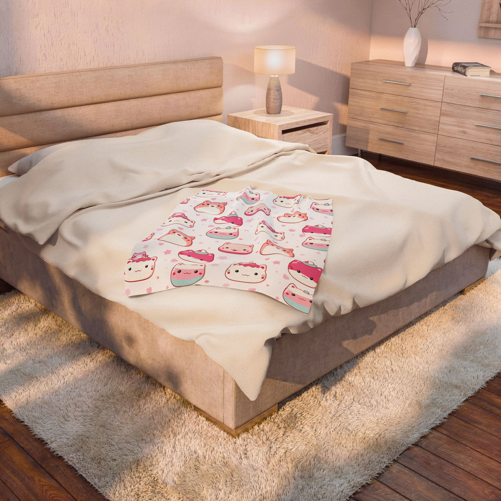 Kawaii Pink Cat Plush Blanket — Soft Velveteen