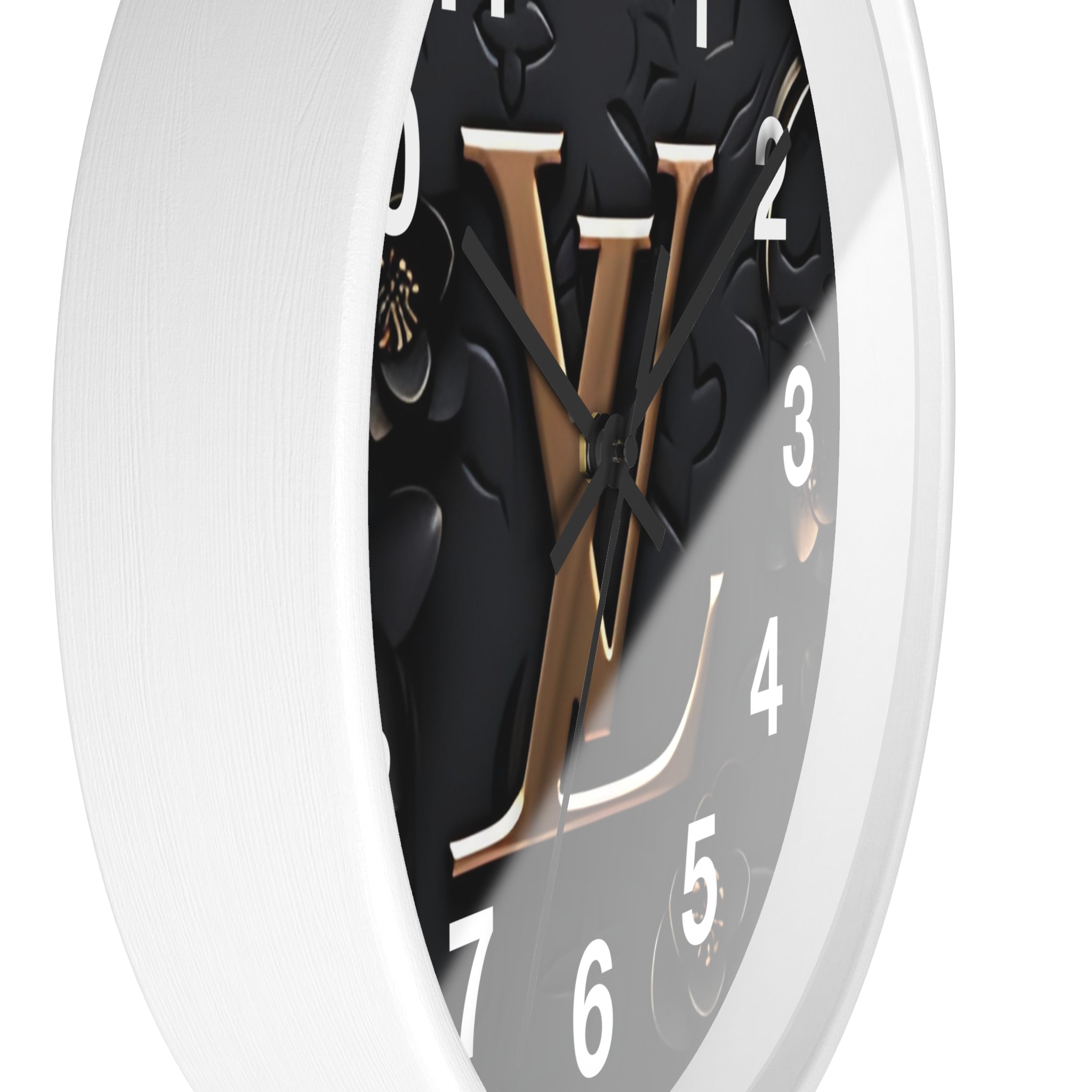 Luxury Monogram Wall Clock — Gold LV Emblem on Black Floral Background
