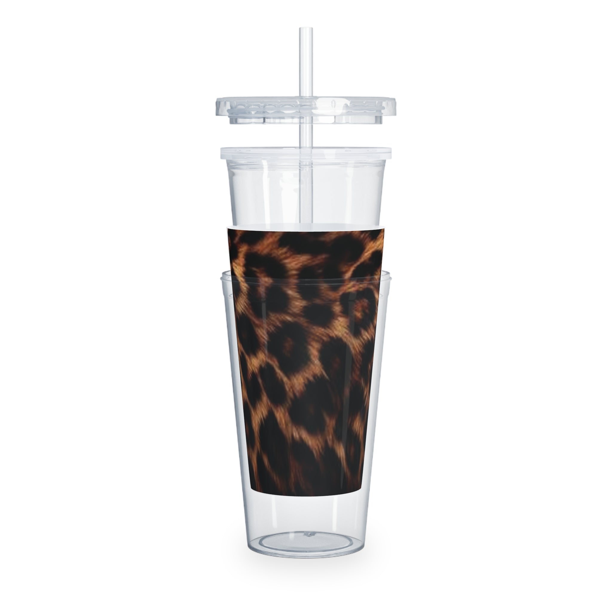 Leopard Print Plastic Tumbler with Straw — Reusable Travel Cup