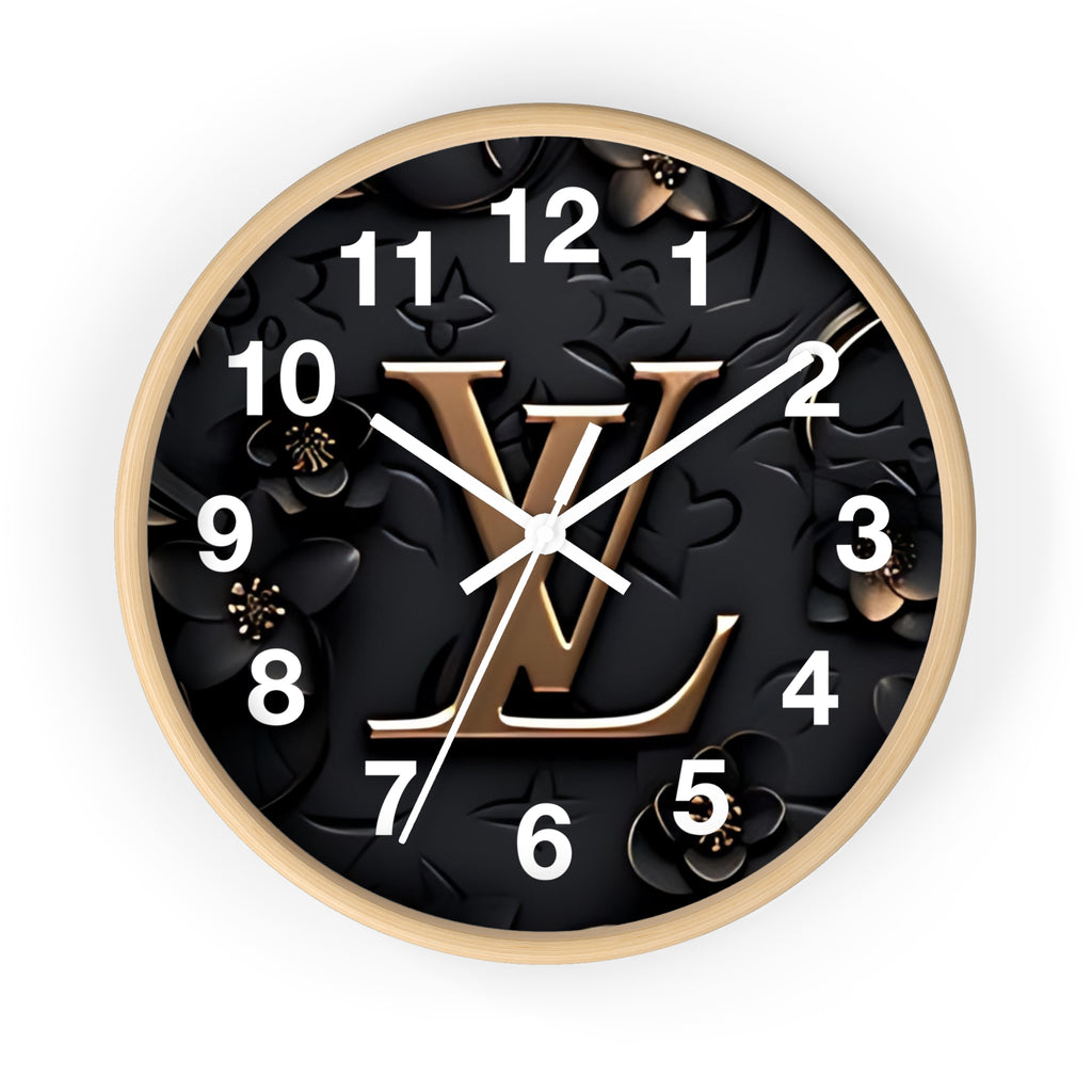 Luxury Monogram Wall Clock — Gold LV Emblem on Black Floral Background
