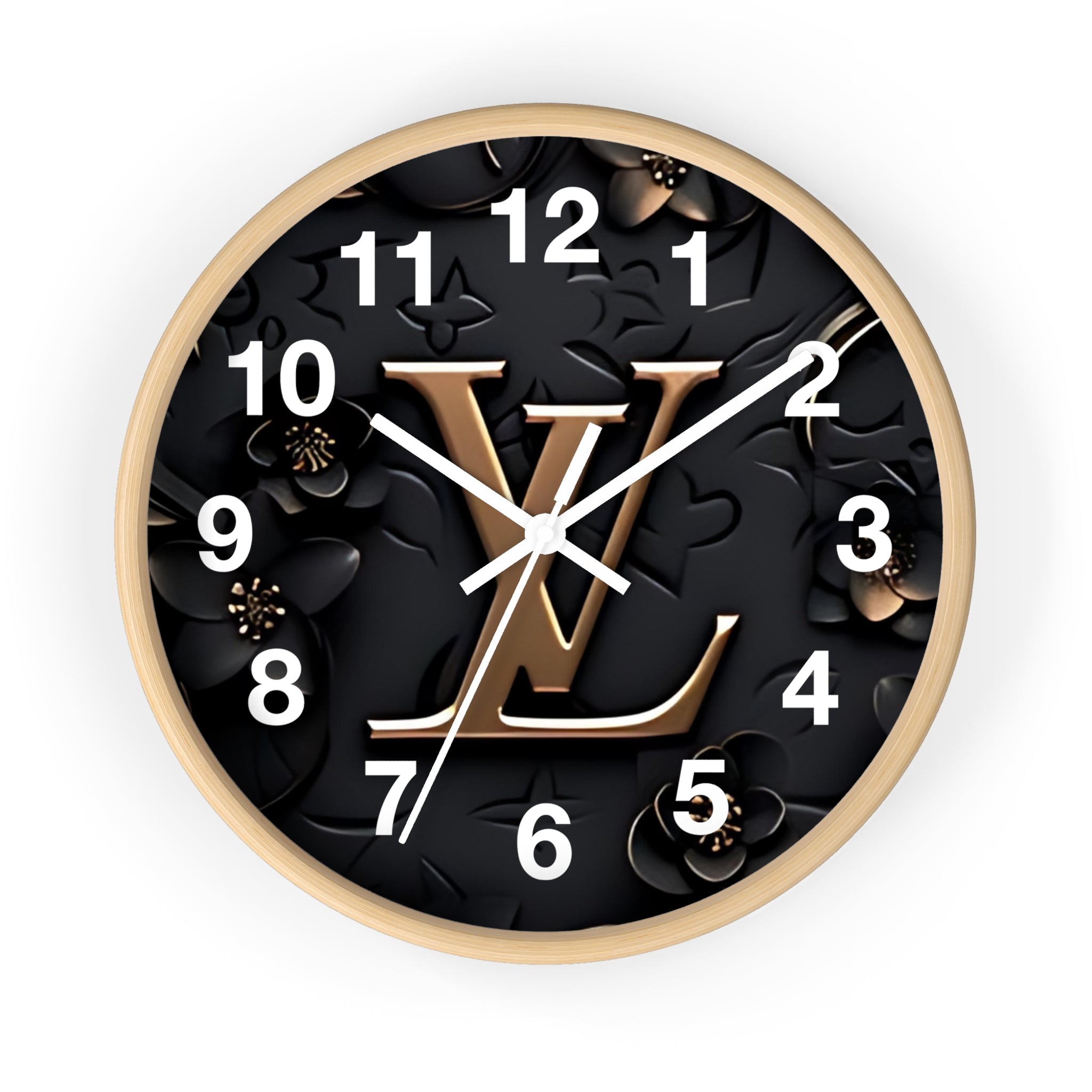 Luxury Monogram Wall Clock — Gold LV Emblem on Black Floral Background
