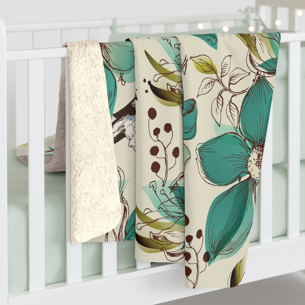 Teal Floral & Bird Sherpa Throw Blanket.