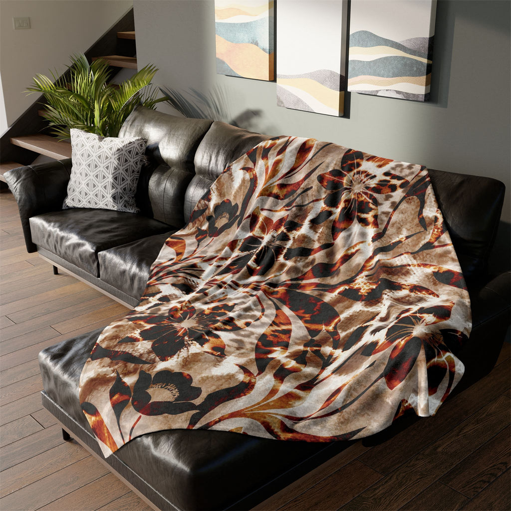 Leopard Floral Plush Blanket – Brown Animal Print Throw for Cozy Home