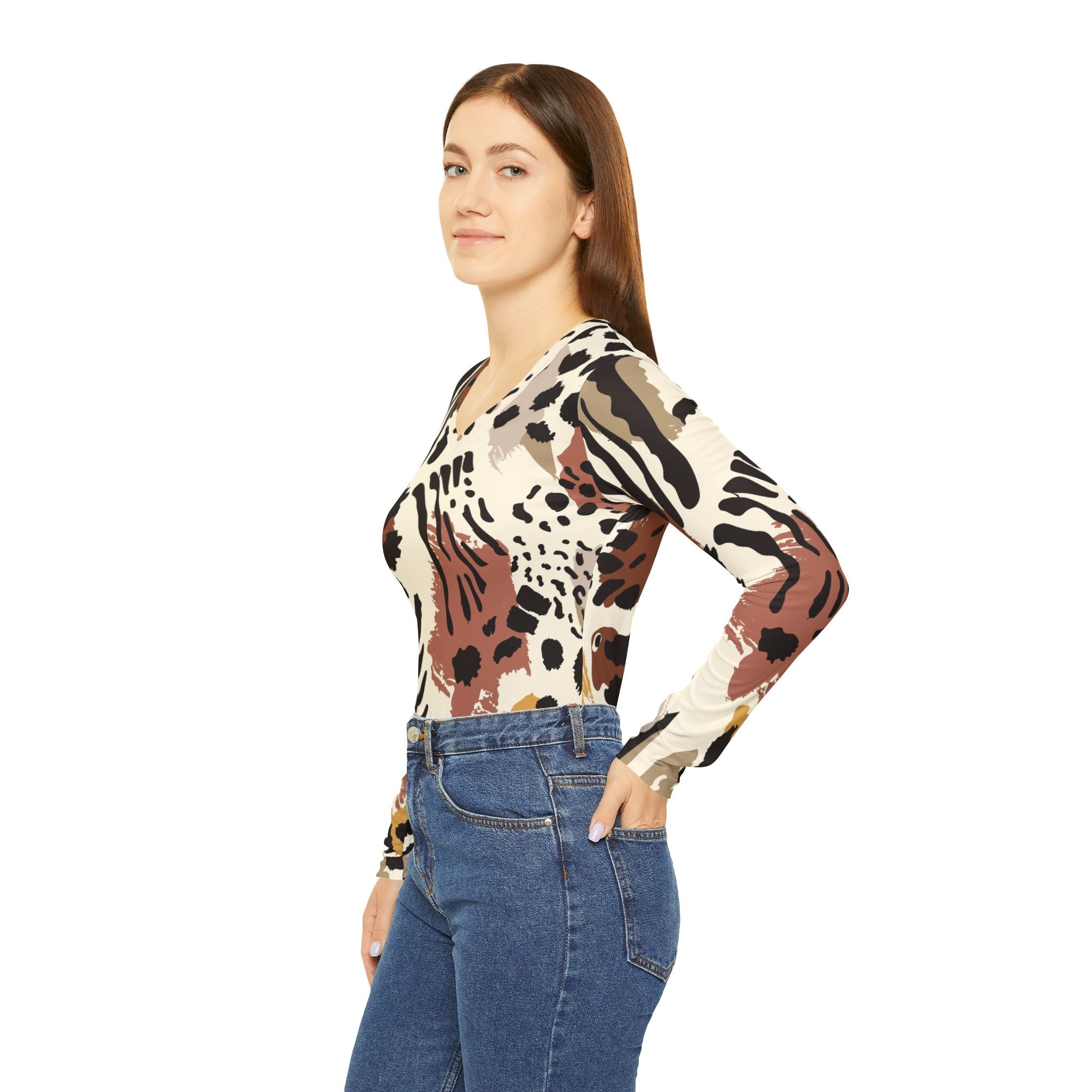 Women's V-Neck Long Sleeve Top — Neutral Abstract Animal Print