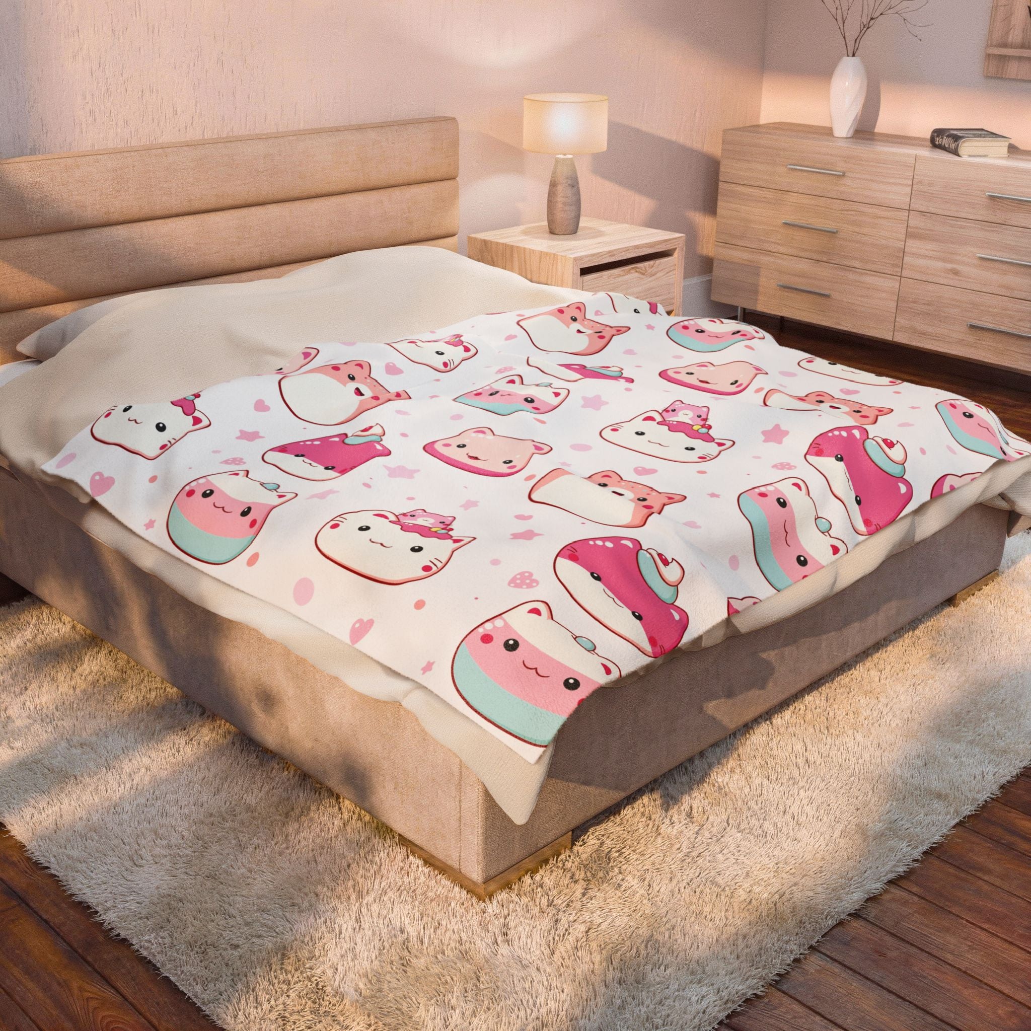 Kawaii Pink Cat Plush Blanket — Soft Velveteen