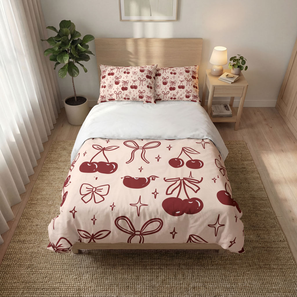 Cherry Bow Quilt Cover Set — Cute Pink Cherry Pattern Duvet Cover & Pillowcases