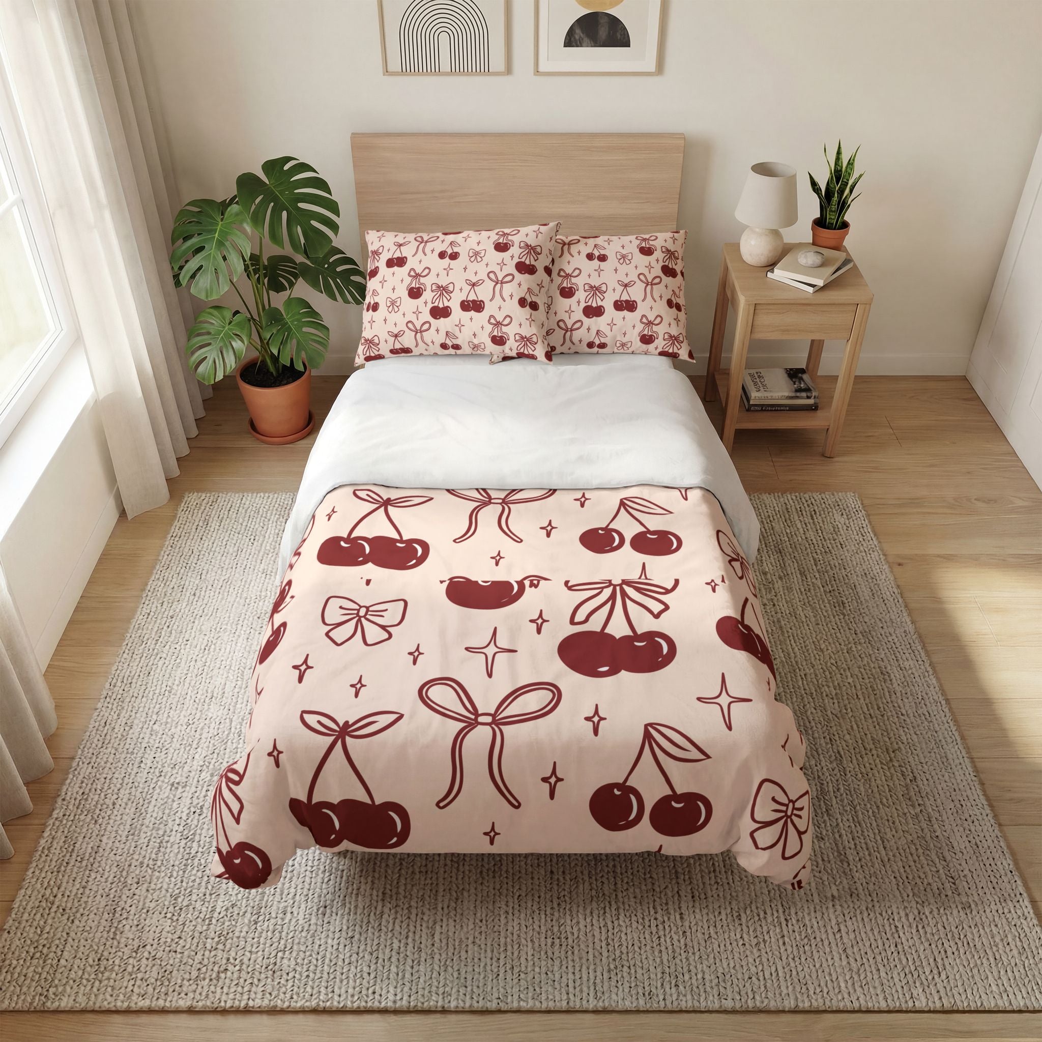 Cherry Bow Quilt Cover Set — Cute Pink Cherry Pattern Duvet Cover & Pillowcases