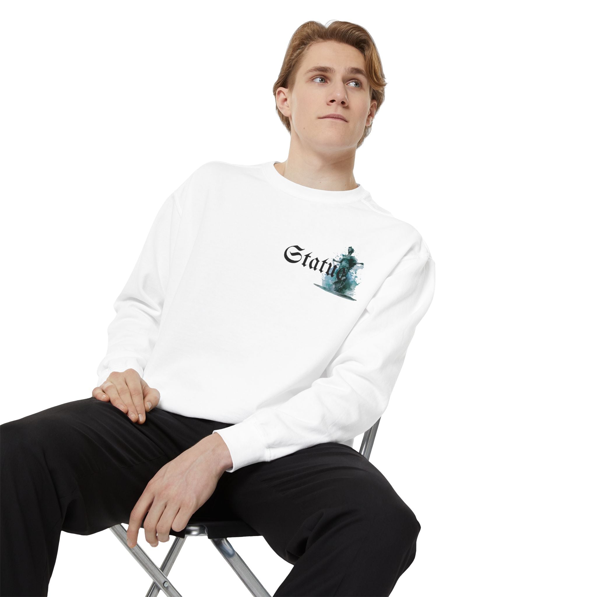 Statue Design Unisex Garment-Dyed Sweatshirt, Cozy Streetwear.