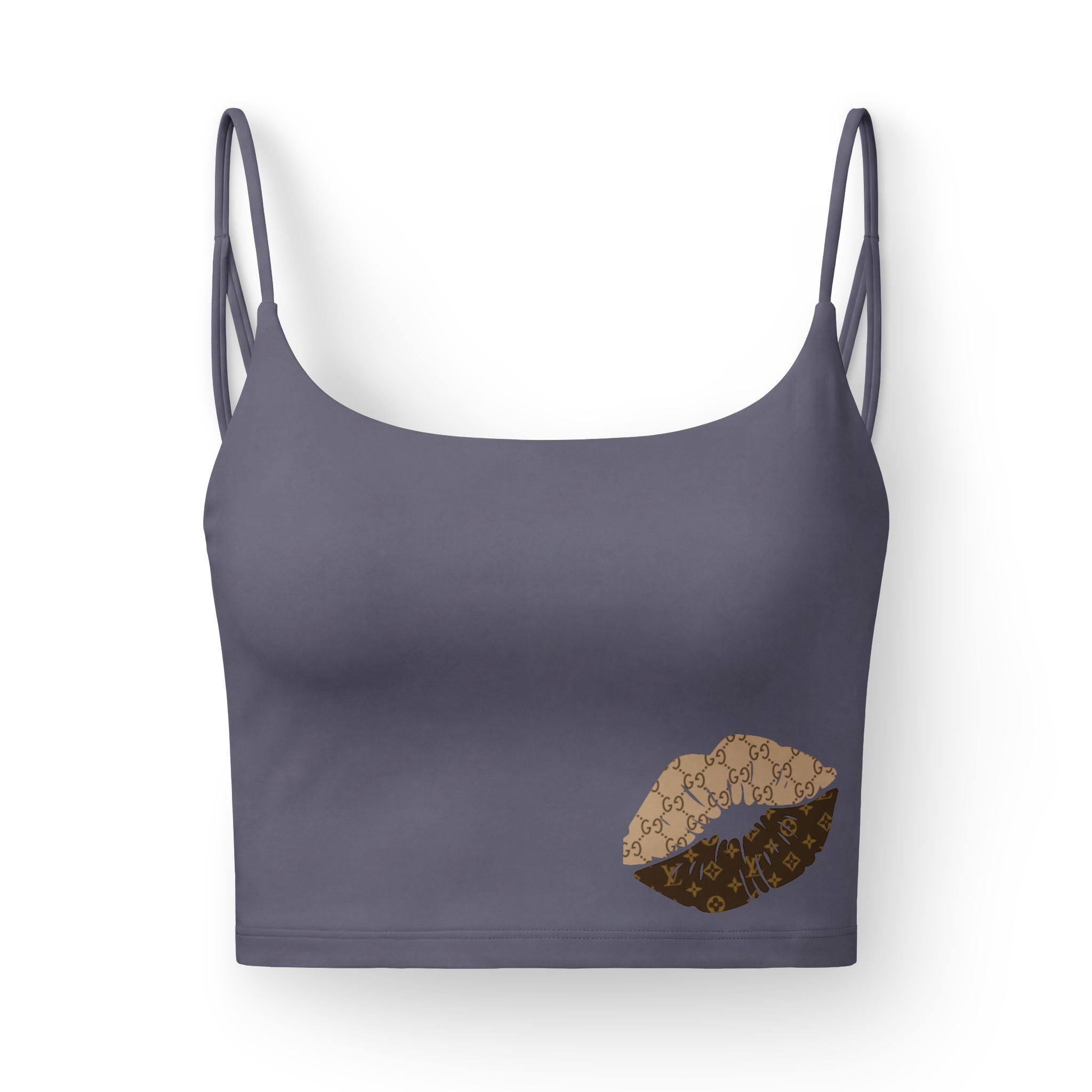 Luxe Kiss Crop Bra — Black Strappy Bralette with Designer Monogram Lip Accent