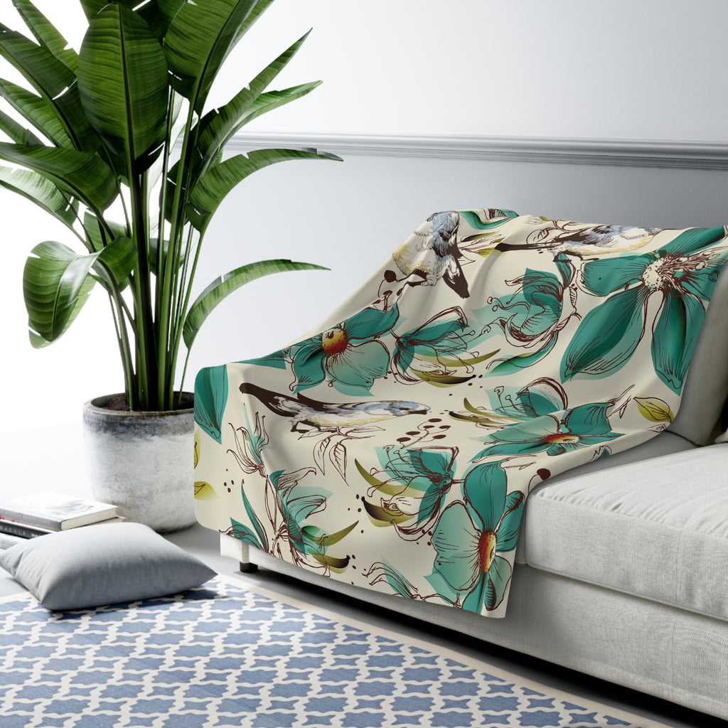 Teal Floral & Bird Sherpa Throw Blanket.