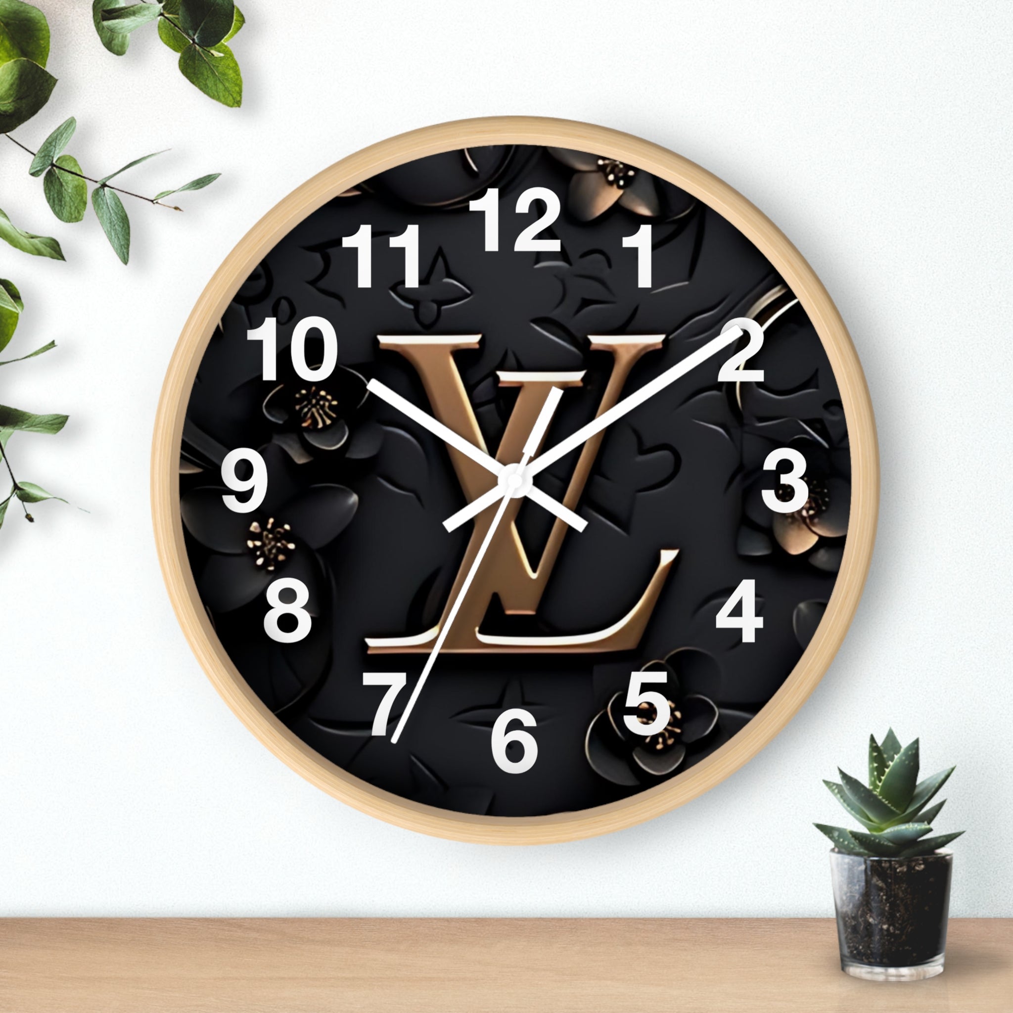 Luxury Monogram Wall Clock — Gold LV Emblem on Black Floral Background
