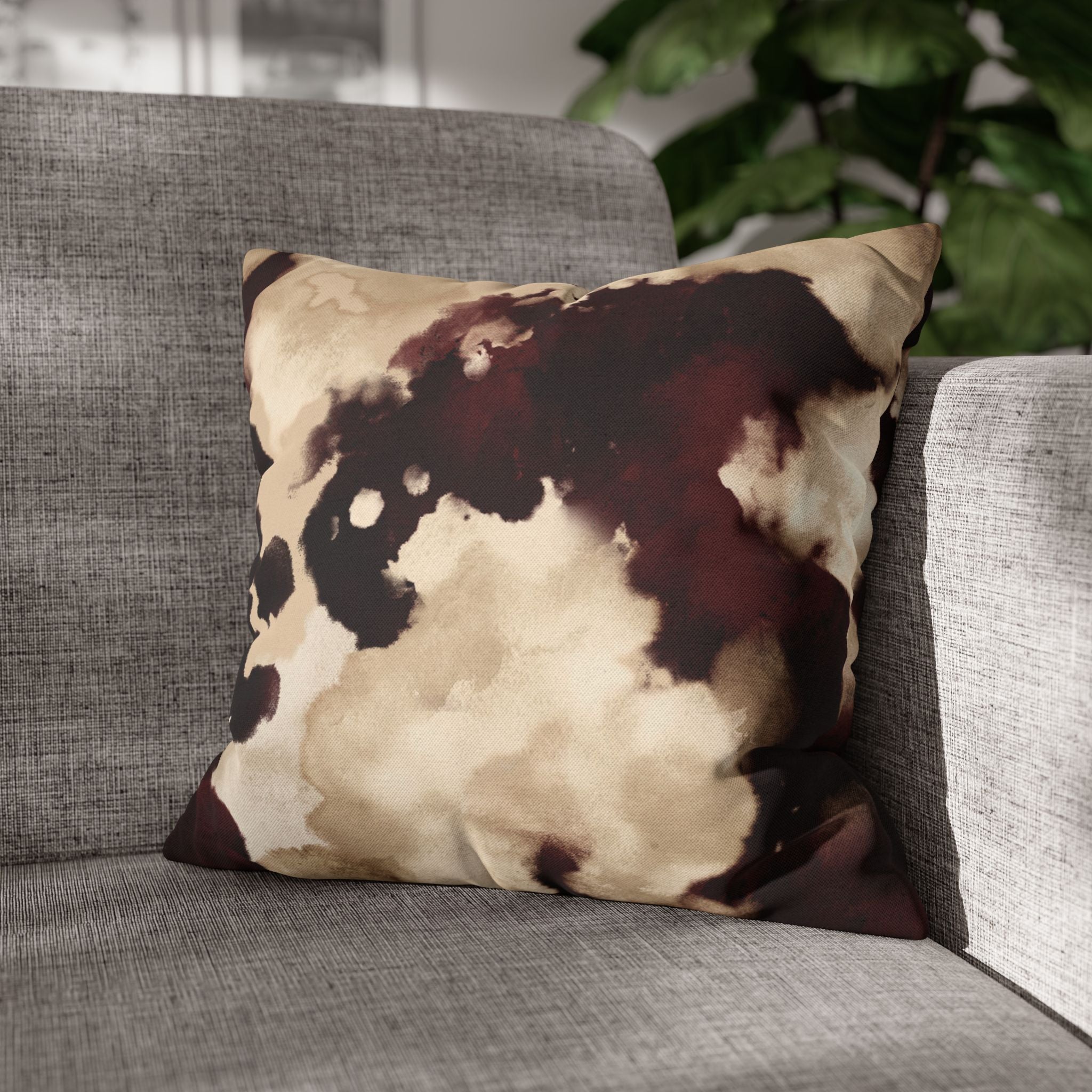 Abstract Marble Square Pillowcase – Brown & Beige Watercolor Throw Cover