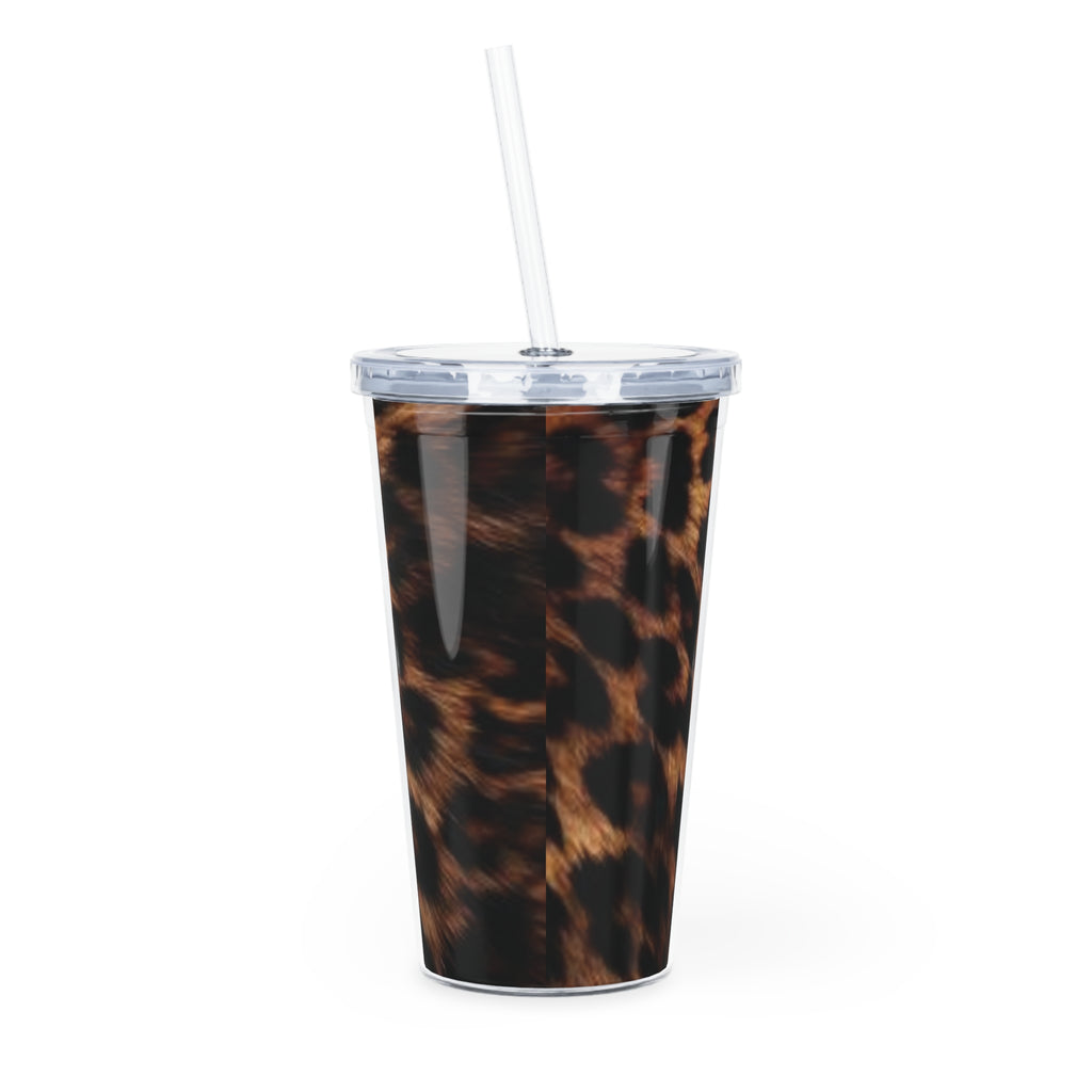 Leopard Print Plastic Tumbler with Straw — Reusable Travel Cup