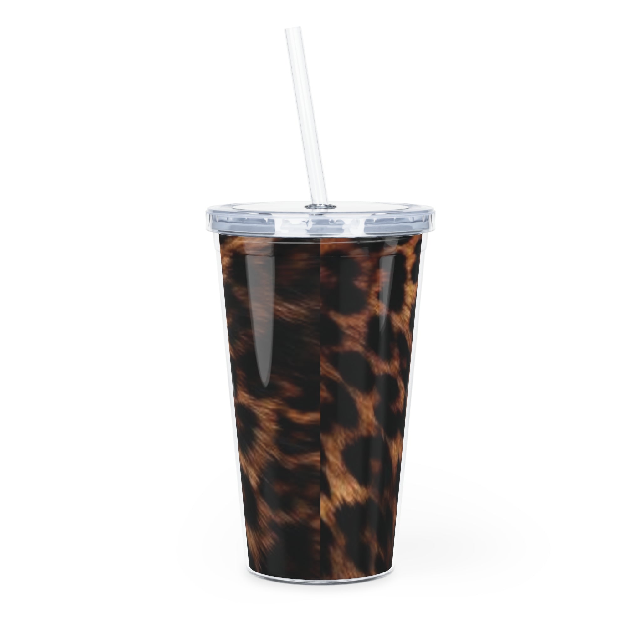 Leopard Print Plastic Tumbler with Straw — Reusable Travel Cup